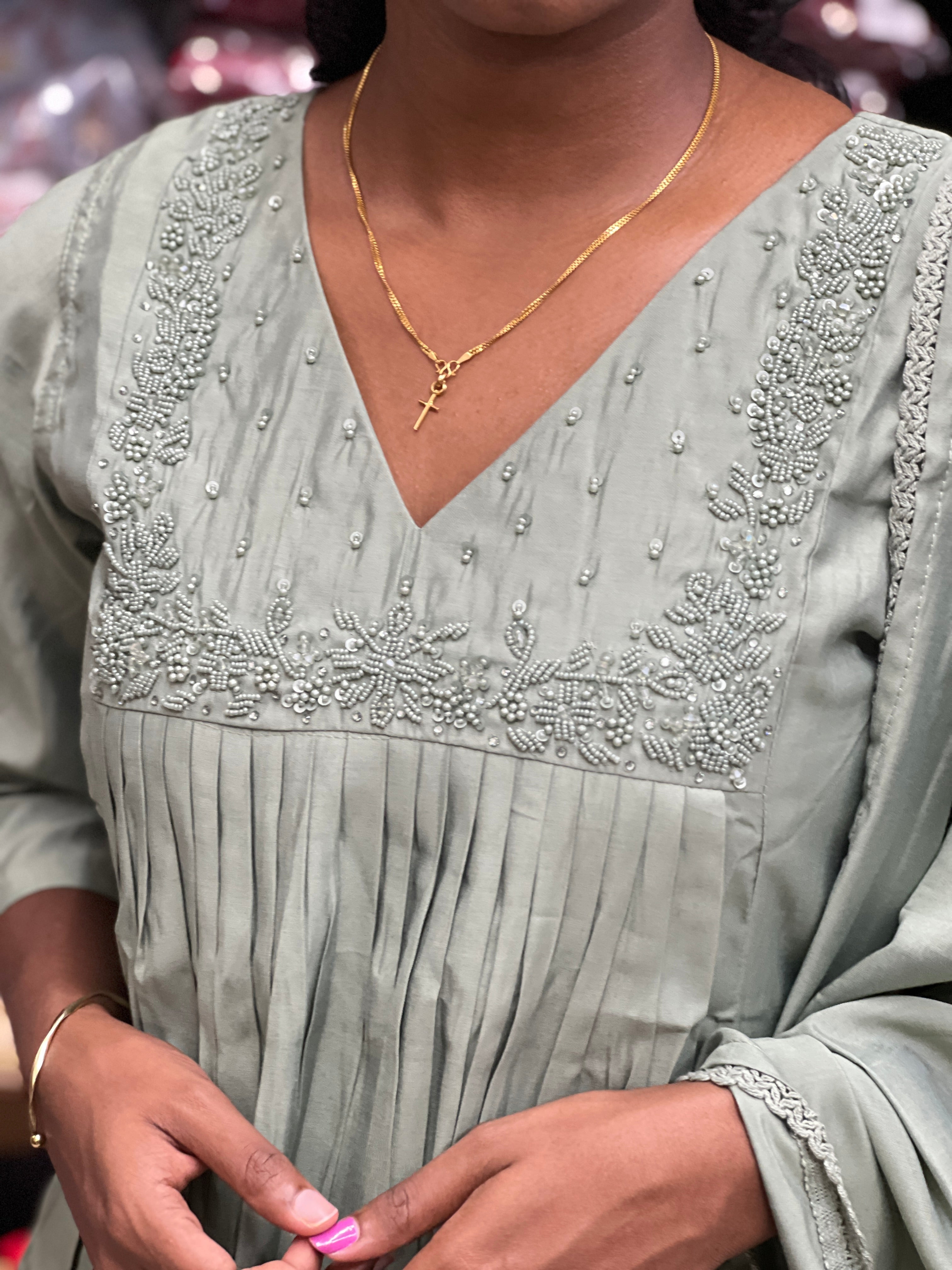 Sugar Beads & Thread Embroidered Semi Tussar Kurta Set | SLM137