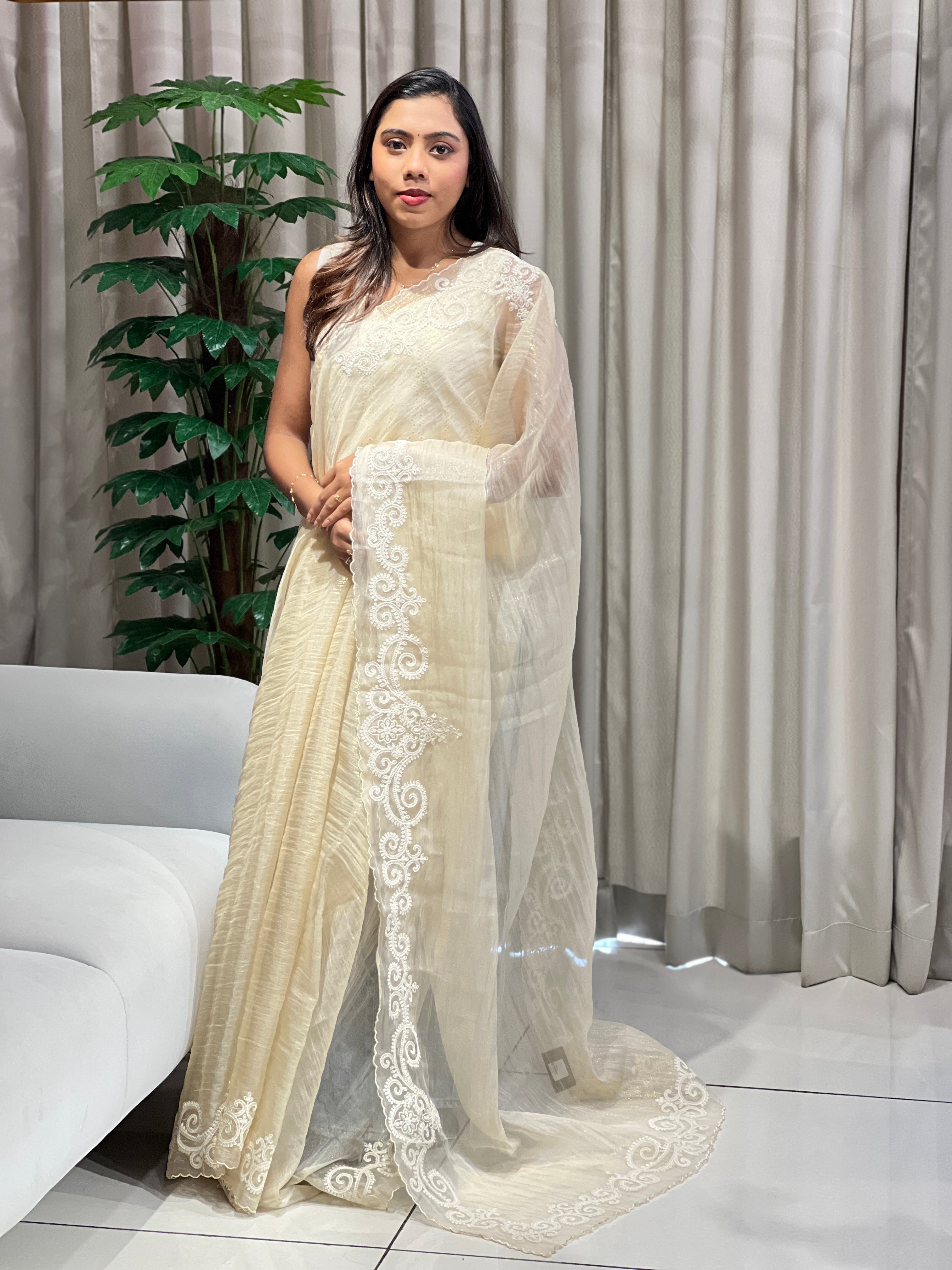 Machine Embroidery Detailed Crushed Shimmer Organza Saree | BLD2000