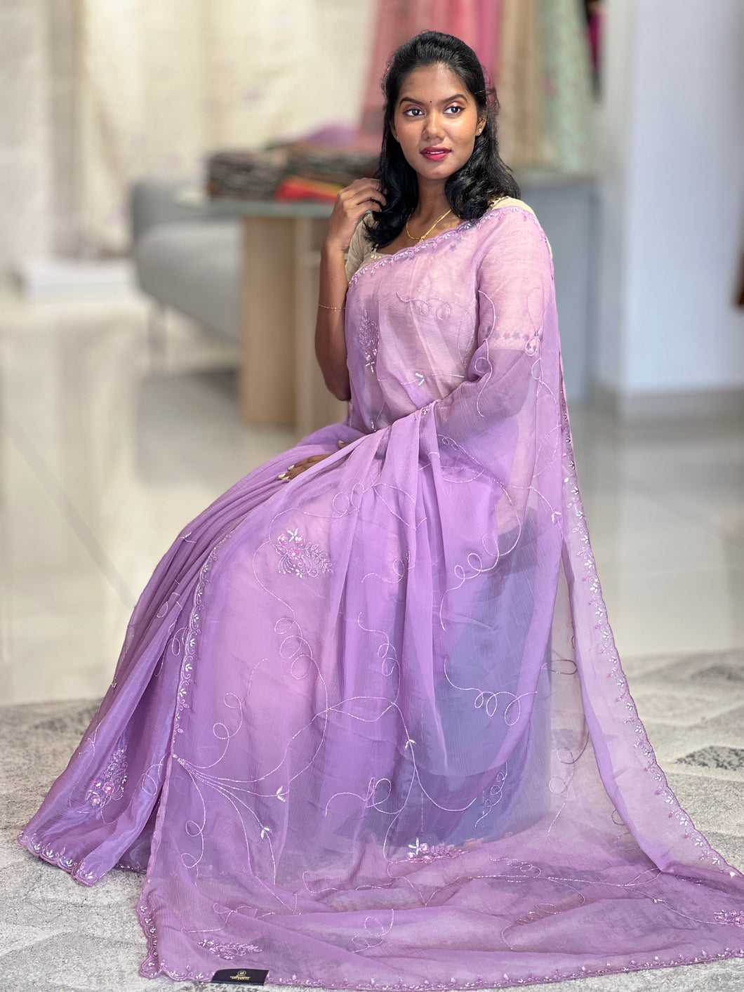 Hand Work Crushed Organza Saree | SBP858