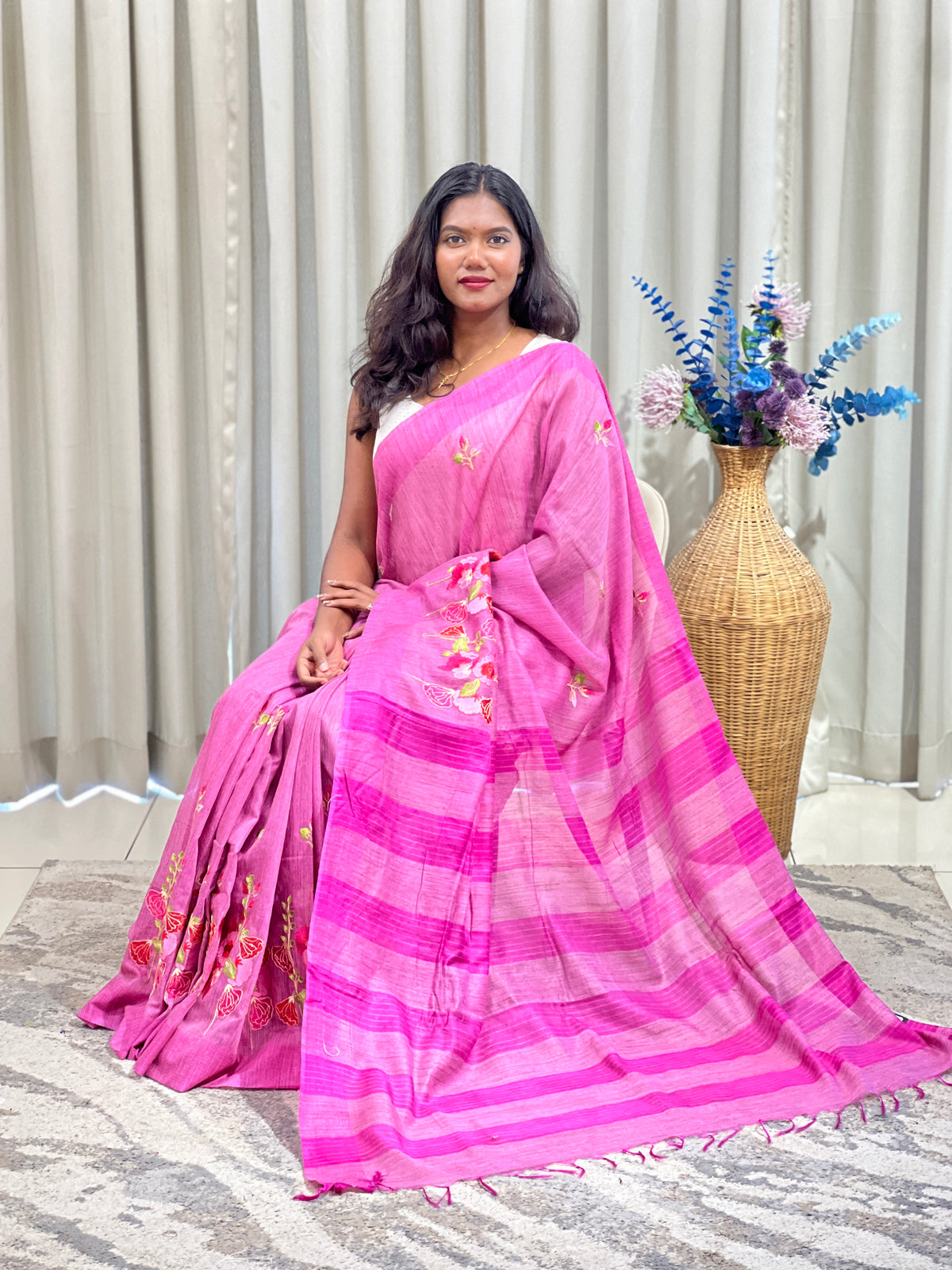 Floral Embroidered Bhagalpuri Linen Saree | NHH697
