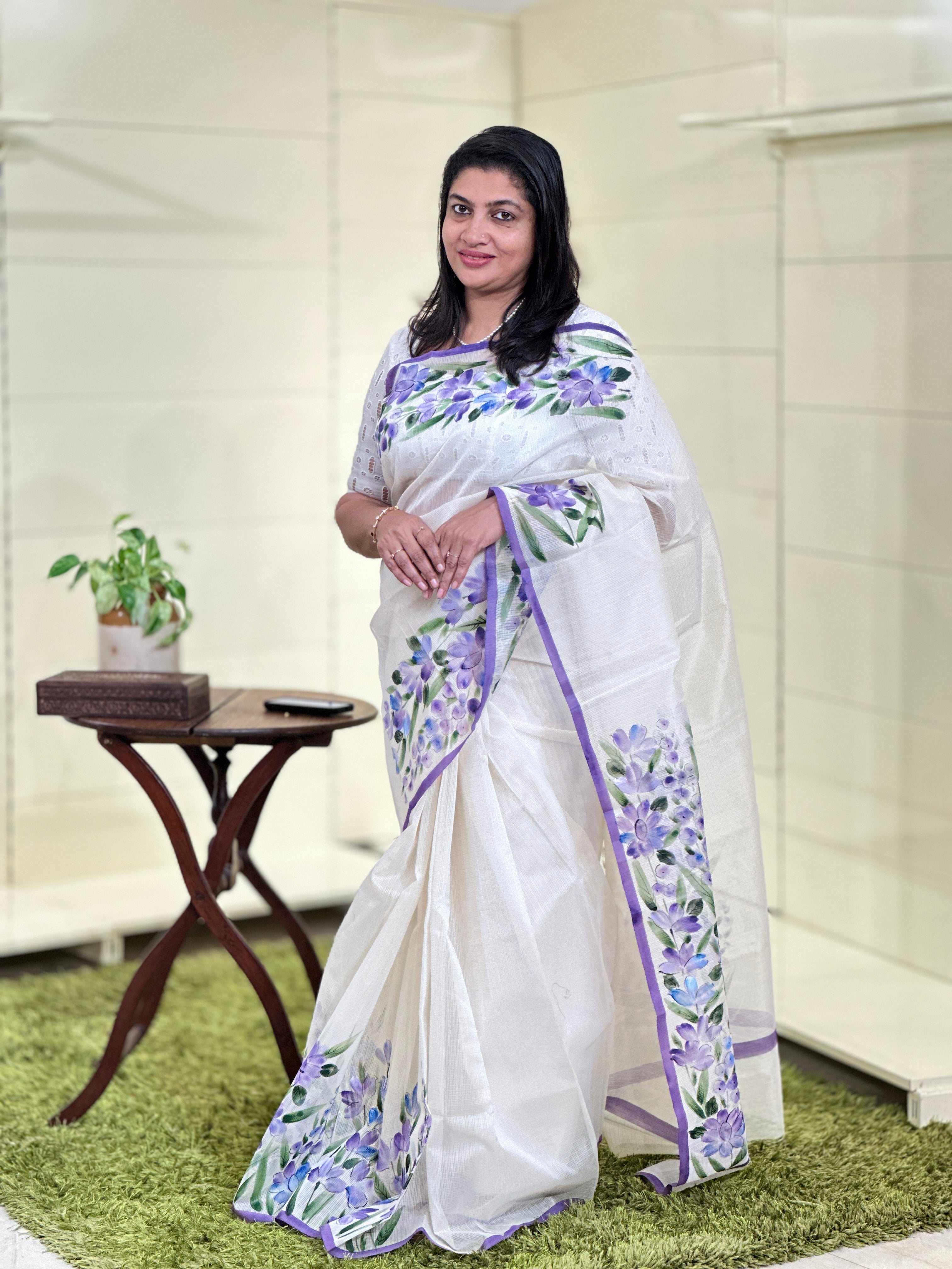 Floral Hand Painted Muga Check Organza Saree | JSC209