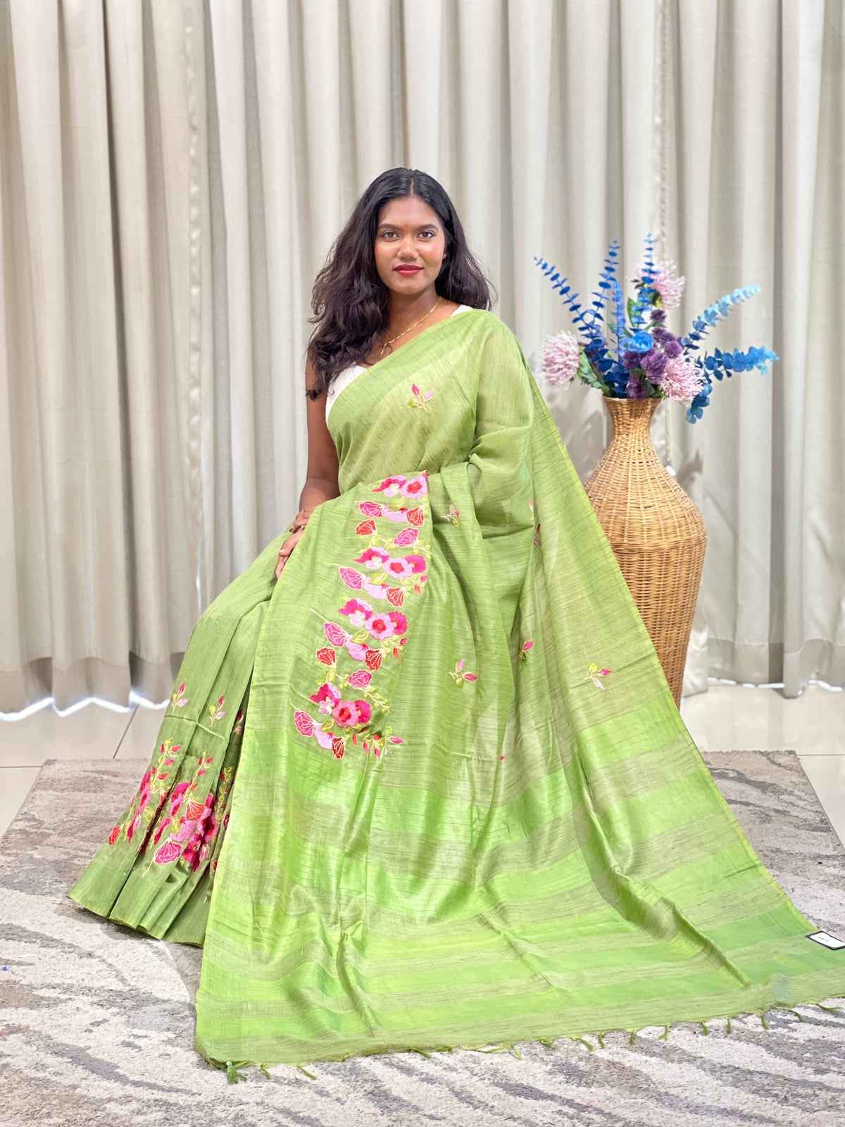 Floral Embroidered Bhagalpuri Linen Saree | NHH694