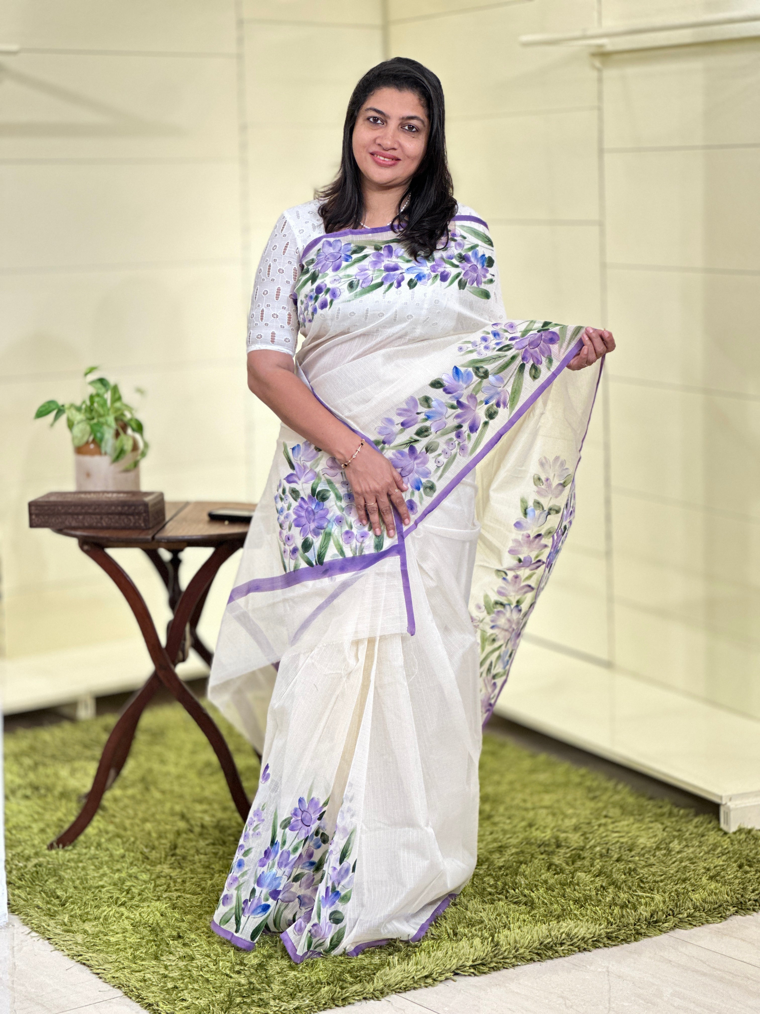 Floral Hand Painted Muga Check Organza Saree | JSC209