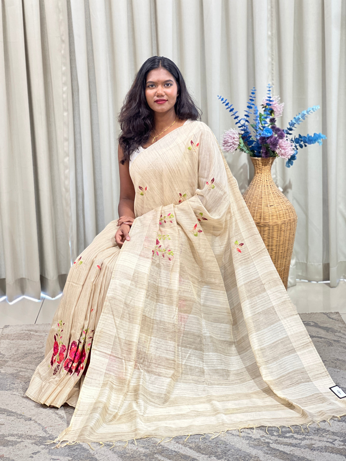 Floral Embroidered Bhagalpuri Linen Saree | NHH693