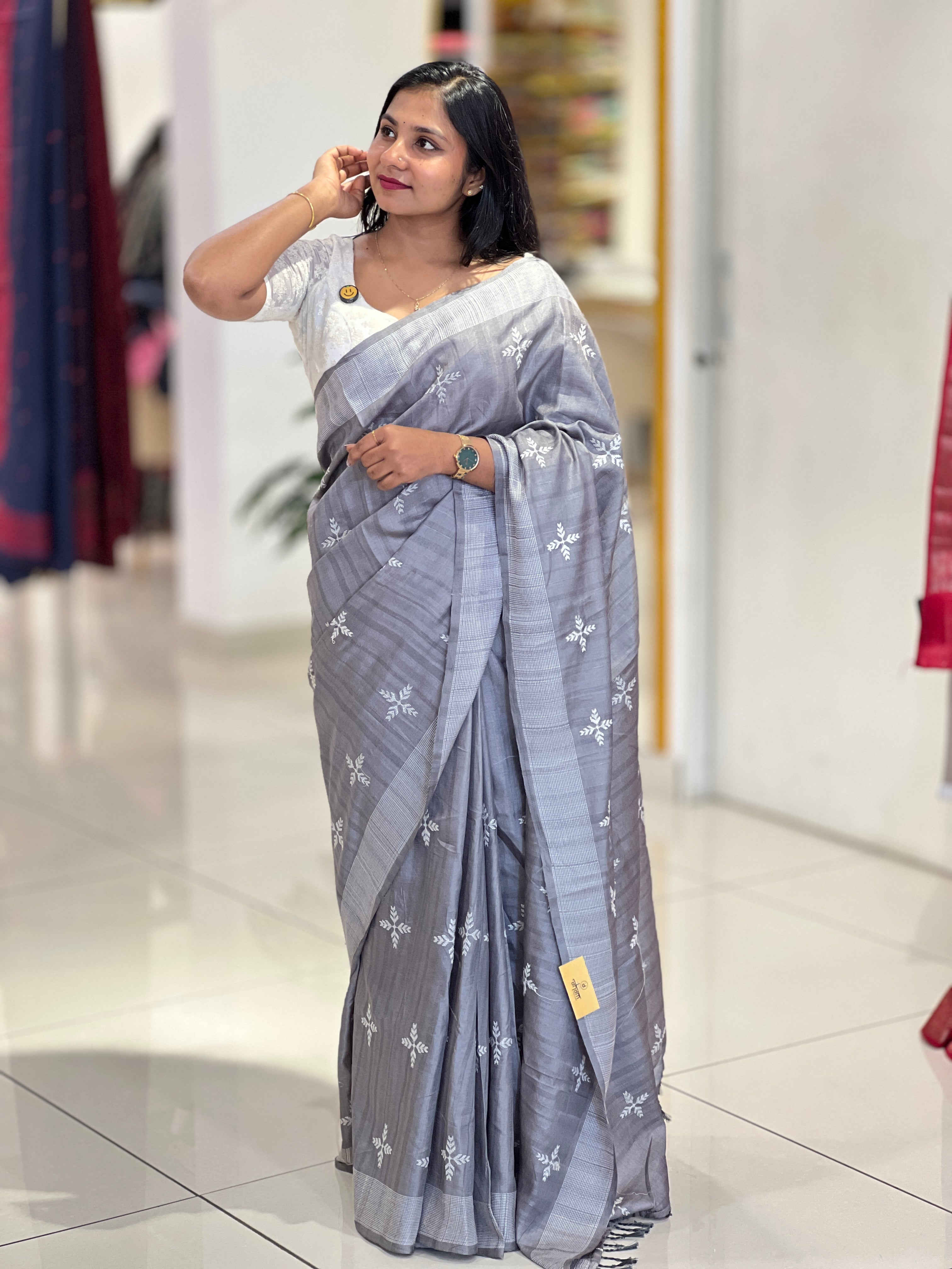 Leaf Patterned Embroidery Detailed Semi Tussar Saree | SUN705