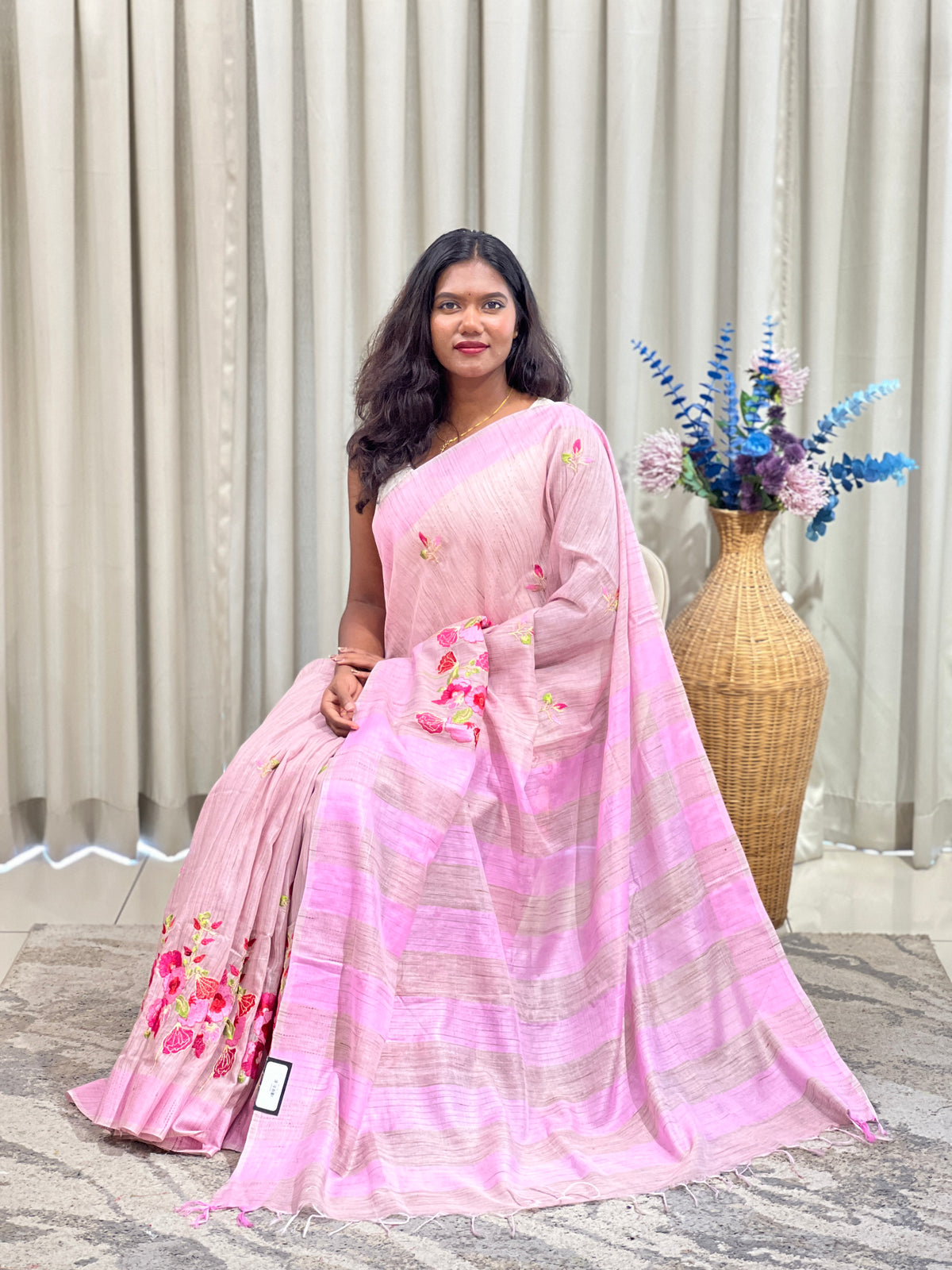 Floral Embroidered Bhagalpuri Linen Saree | NHH698