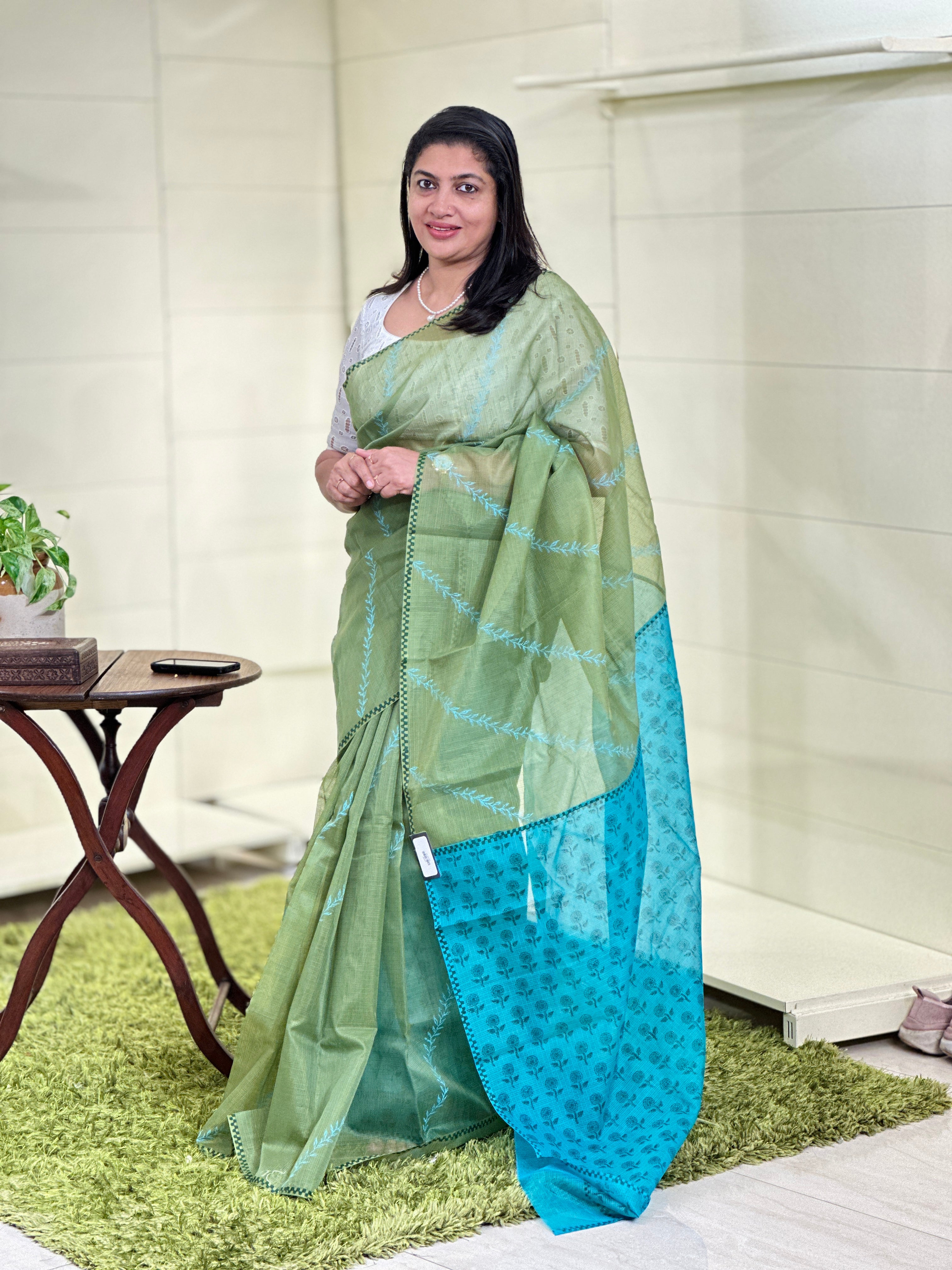 Hand Block Printed Muga Check Organza Saree | JSC233