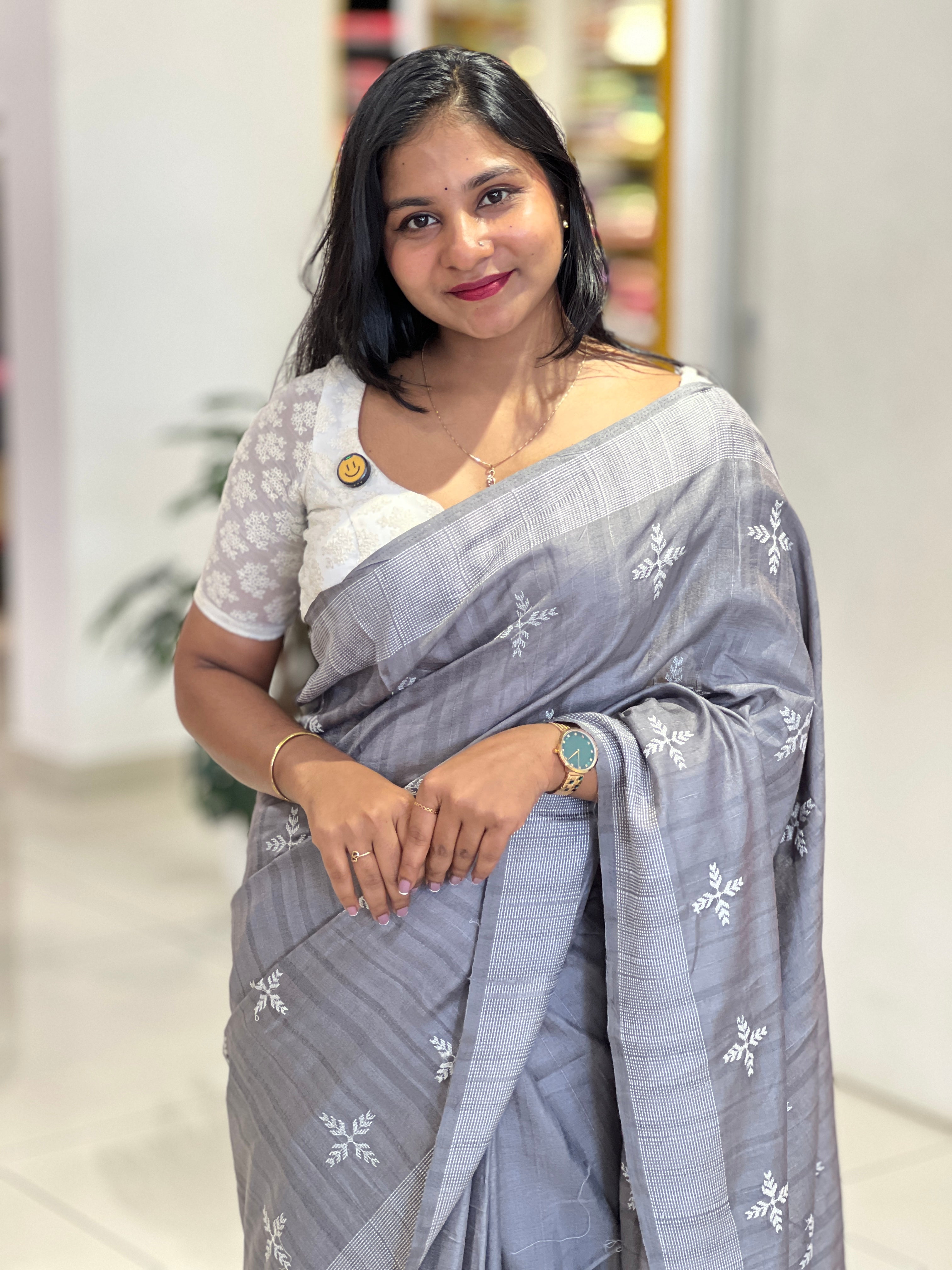 Leaf Patterned Embroidery Detailed Semi Tussar Saree | SUN705