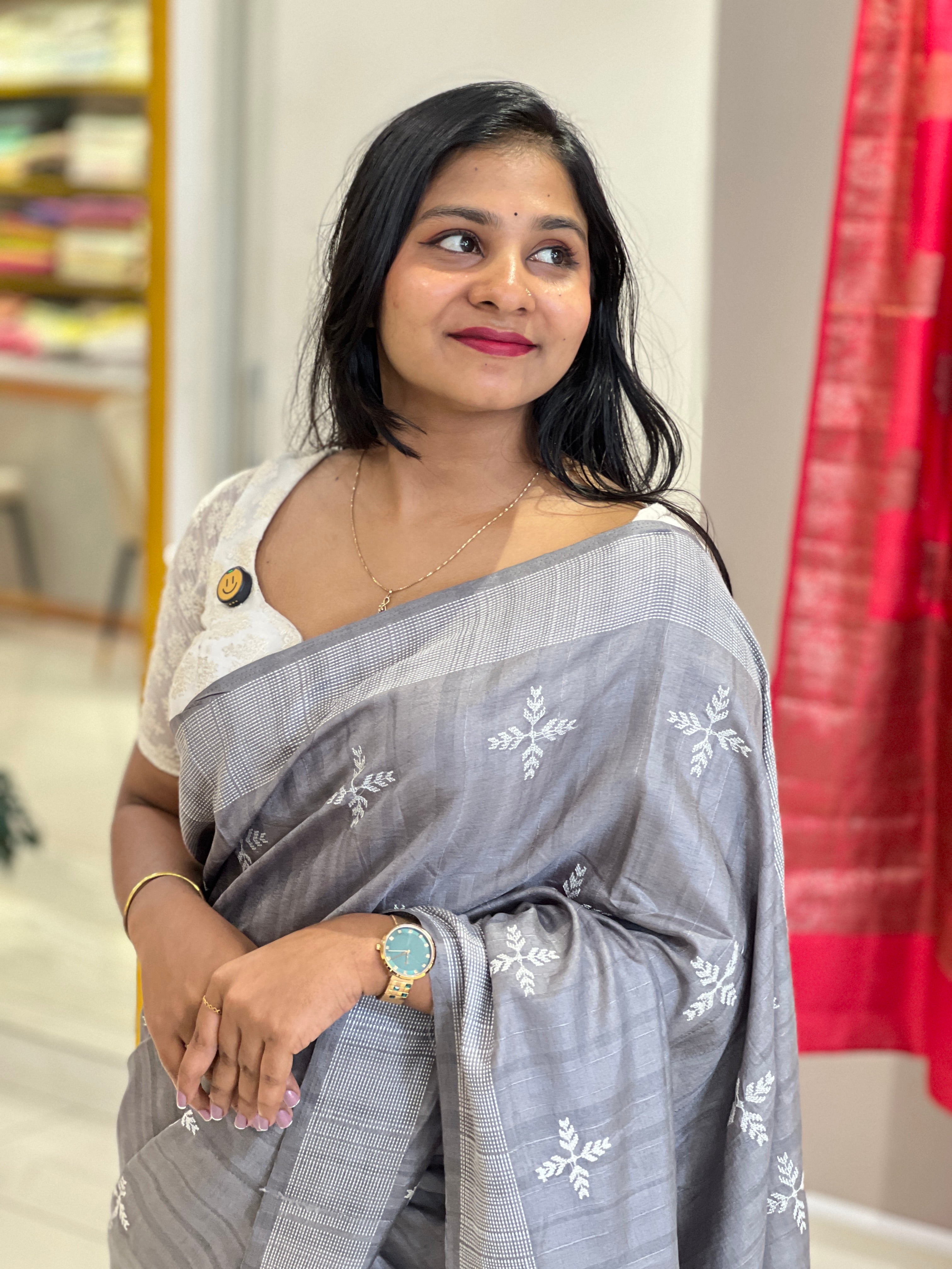Leaf Patterned Embroidery Detailed Semi Tussar Saree | SUN705