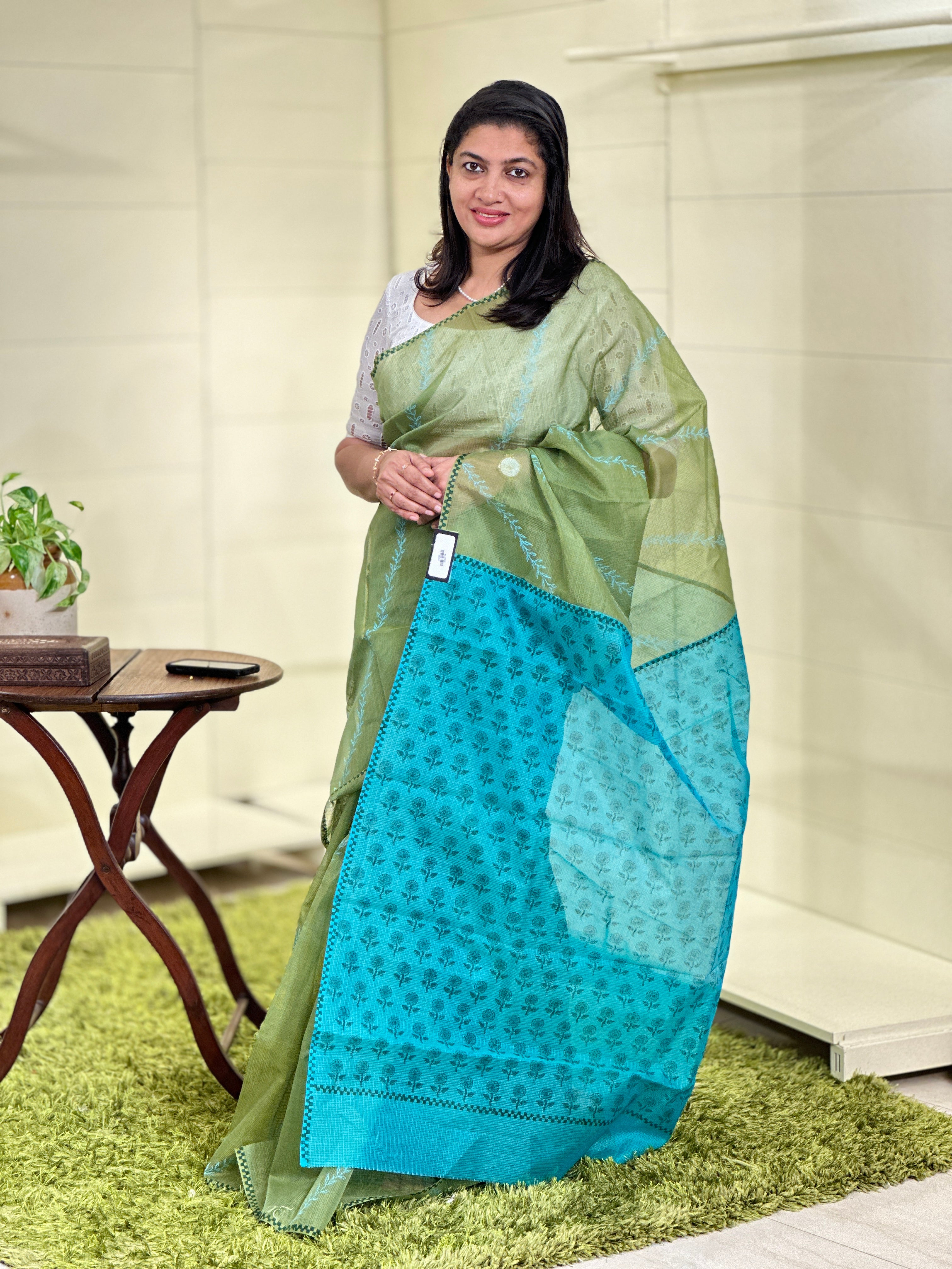 Hand Block Printed Muga Check Organza Saree | JSC233