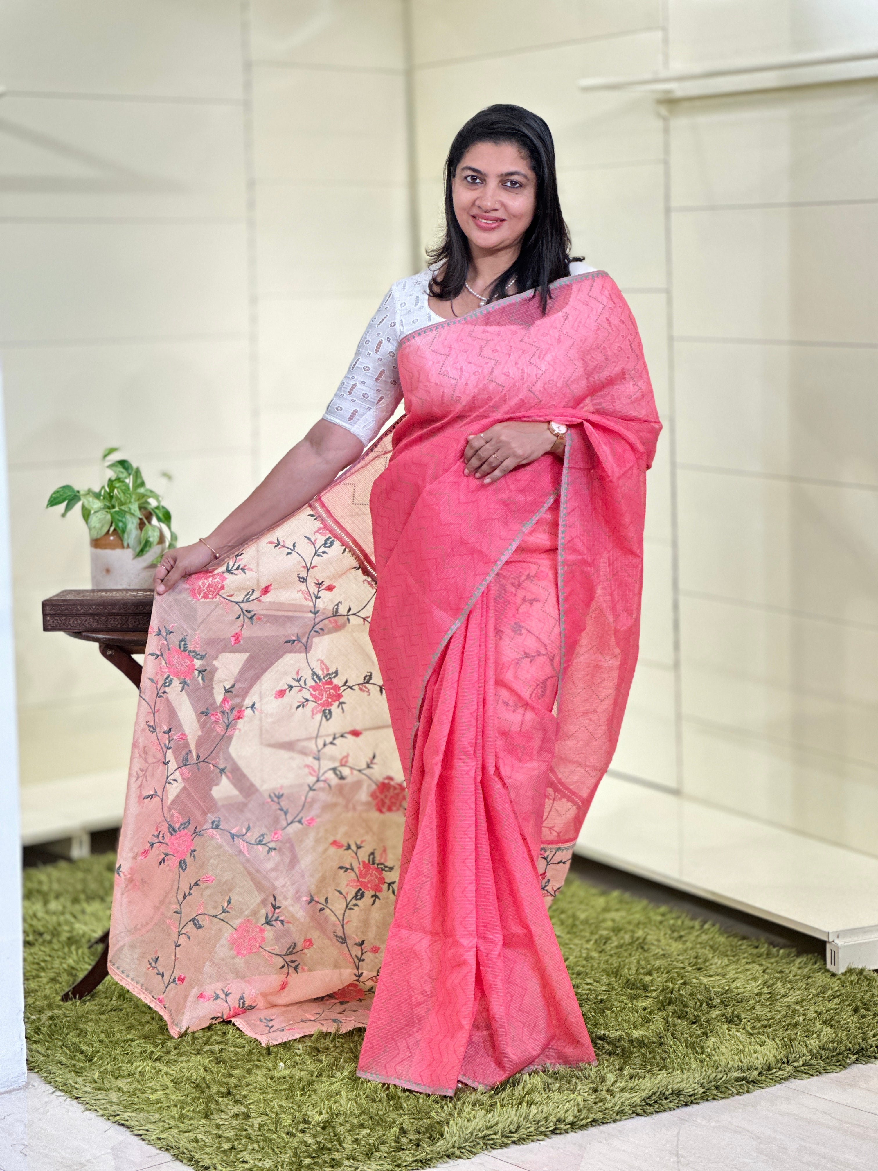 Zigzag & Floral Jaal Embroidered Muga Check Organza Saree | JSC147