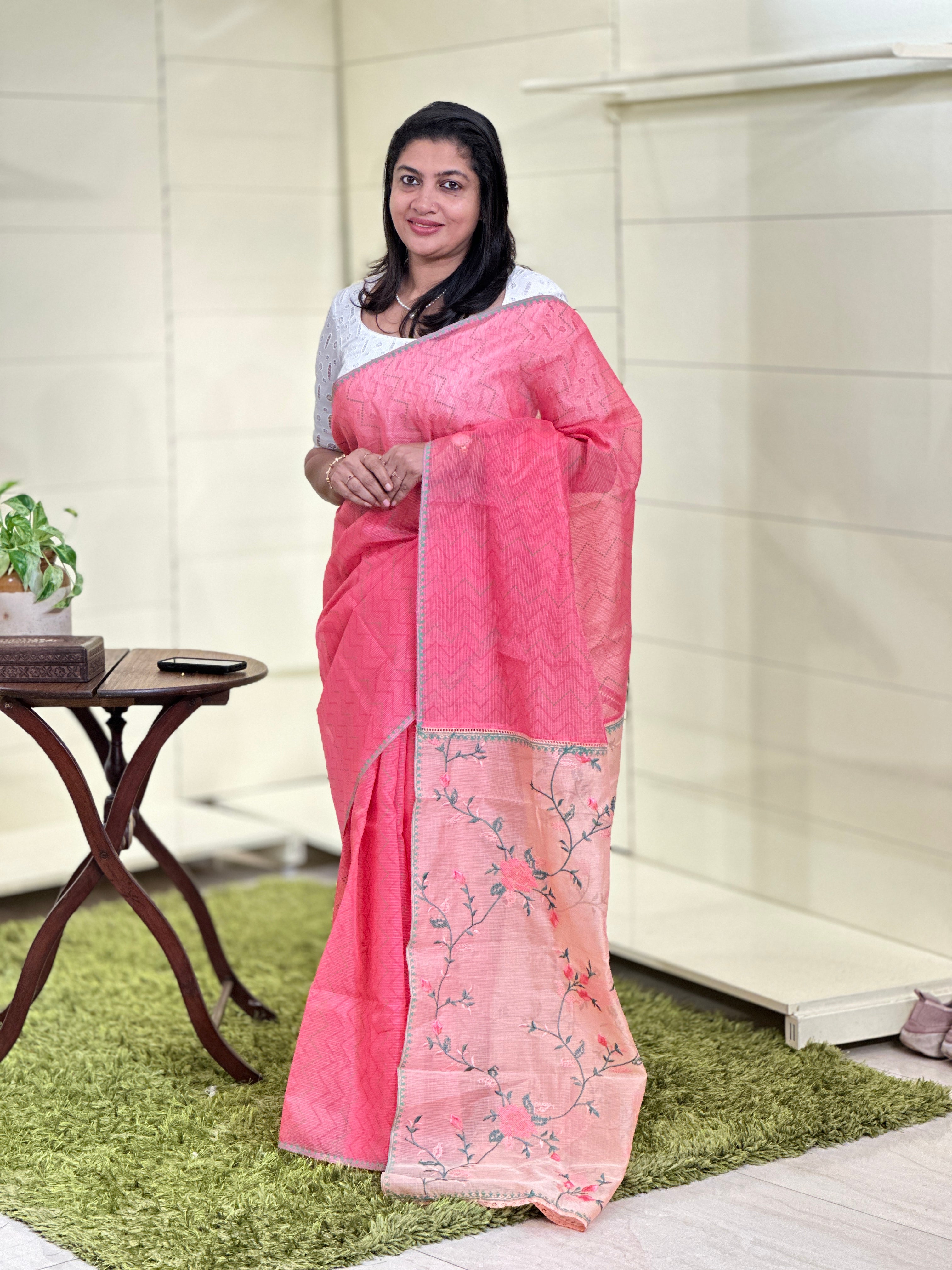 Zigzag & Floral Jaal Embroidered Muga Check Organza Saree | JSC147