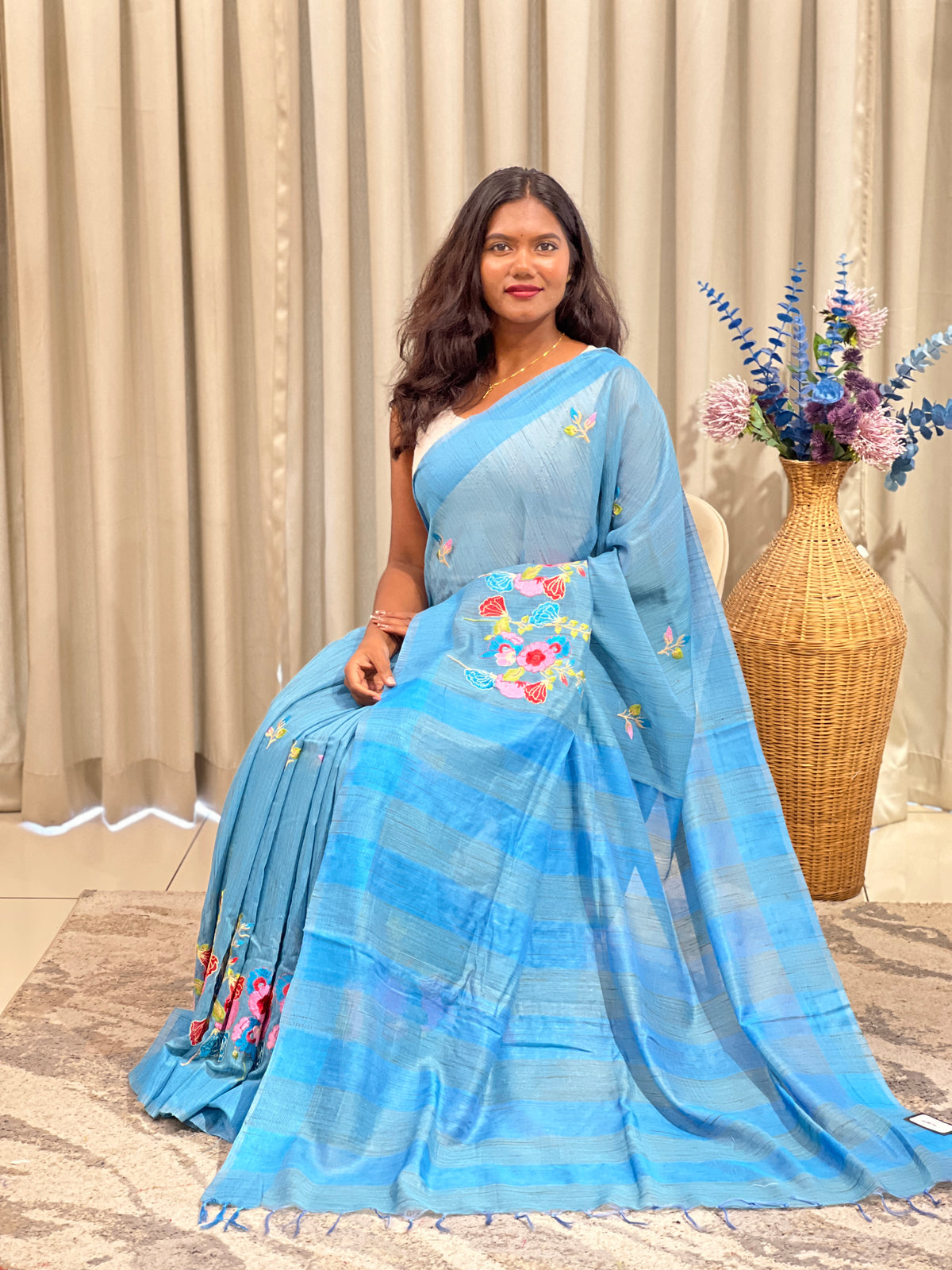 Floral Embroidered Bhagalpuri Linen Saree | NHH696