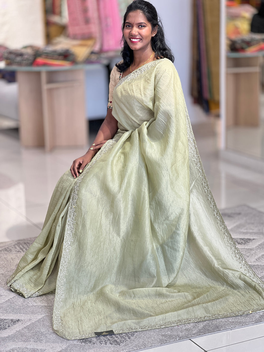 Hand Embroidery Crushed Shimmer Organza Saree | SBP835