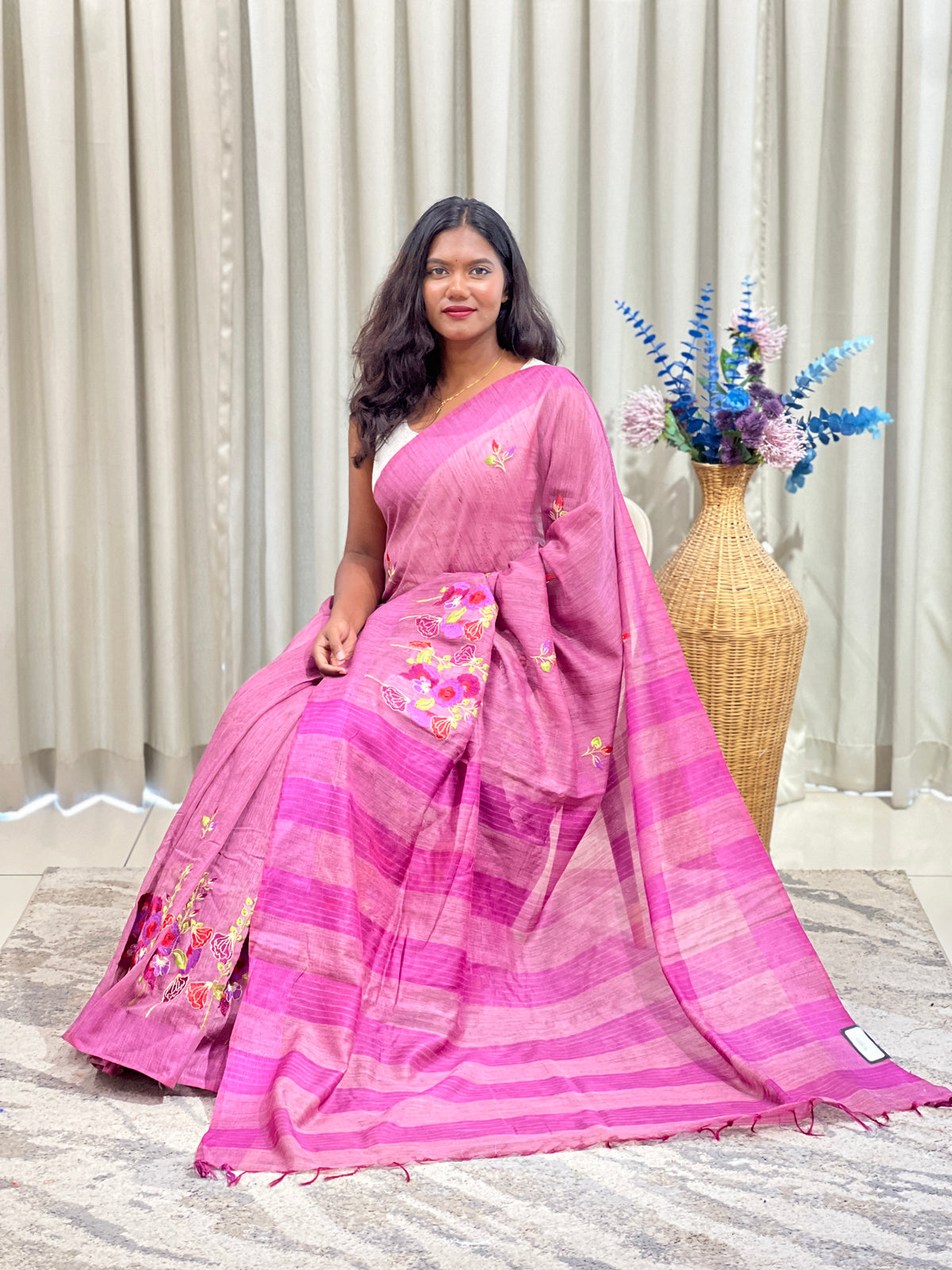 Floral Embroidered Bhagalpuri Linen Saree | NHH695