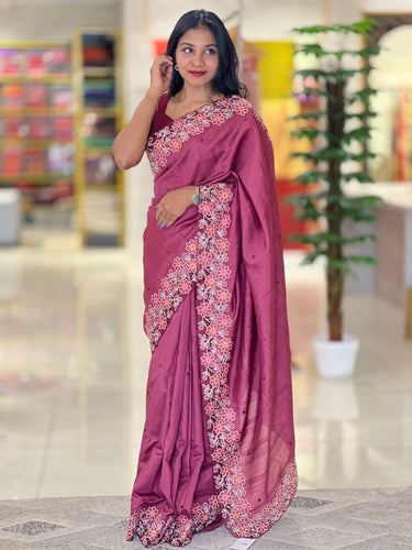 Floral Embroidery Detailing Semi Tussar Saree | SBP458