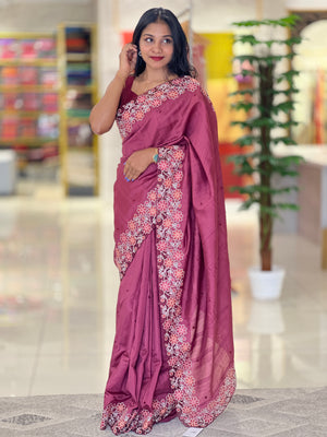 Floral Embroidery Detailing Semi Tussar Saree | SBP458