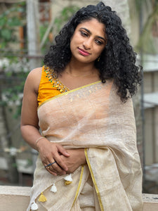 Golden Yellow Border Pattern Linen Saree |  DLS145