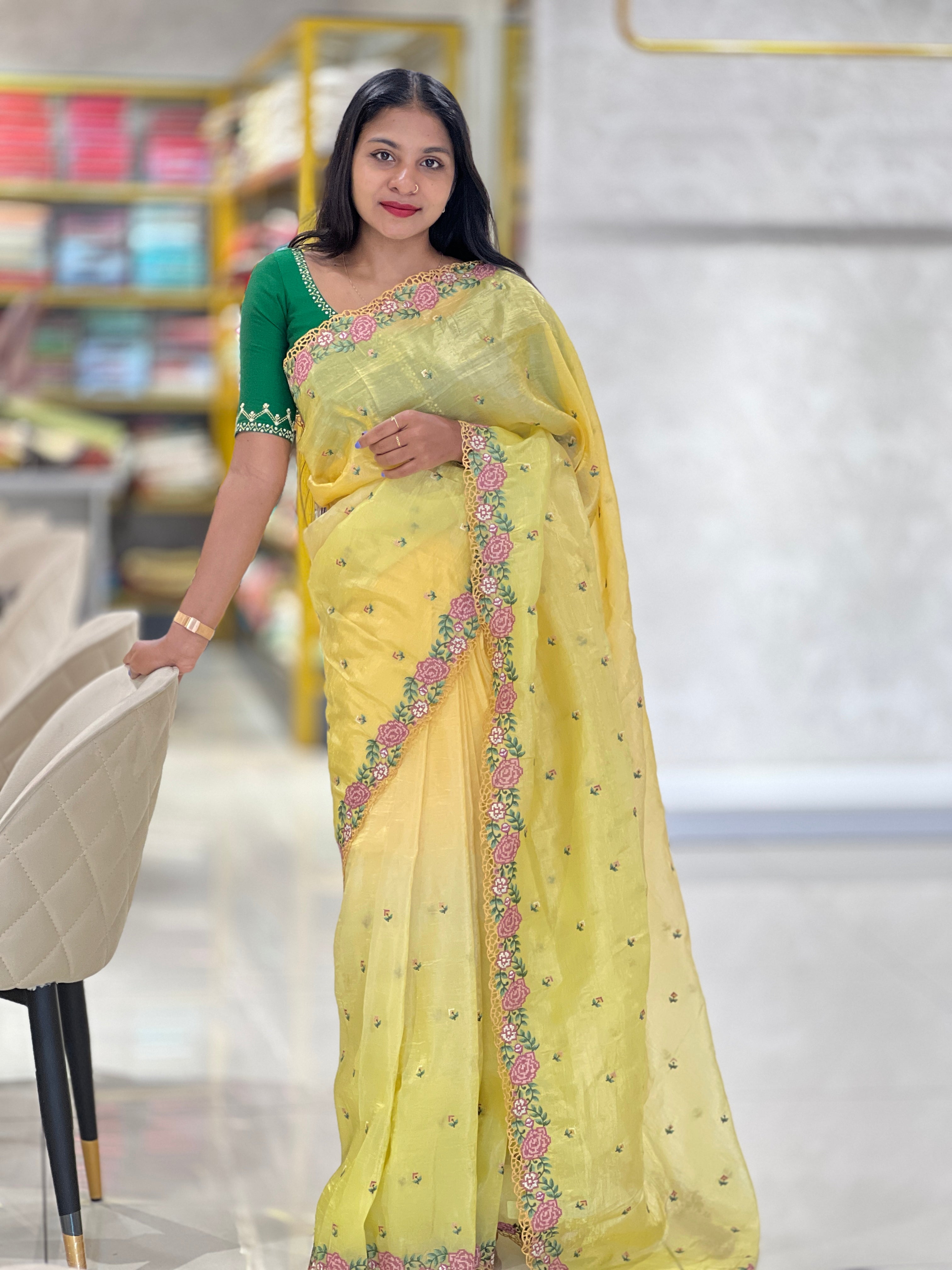 Cross Stitch Embroidery Glass Organza Saree | RP534