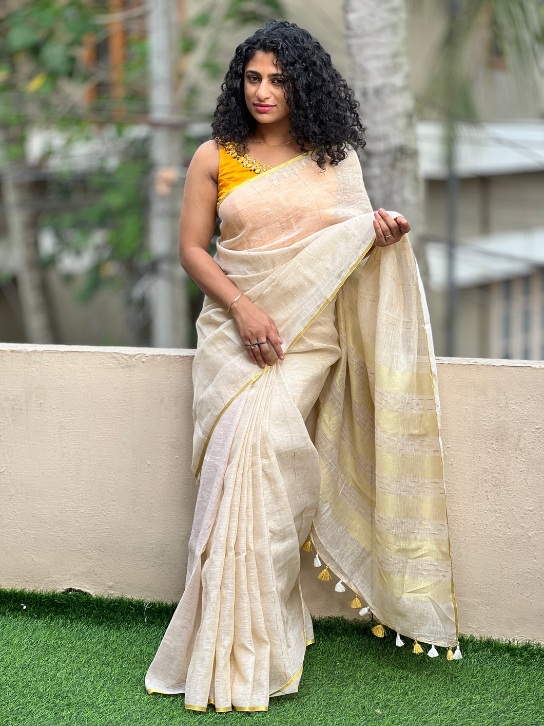 Golden Yellow Border Pattern Linen Saree |  DLS145