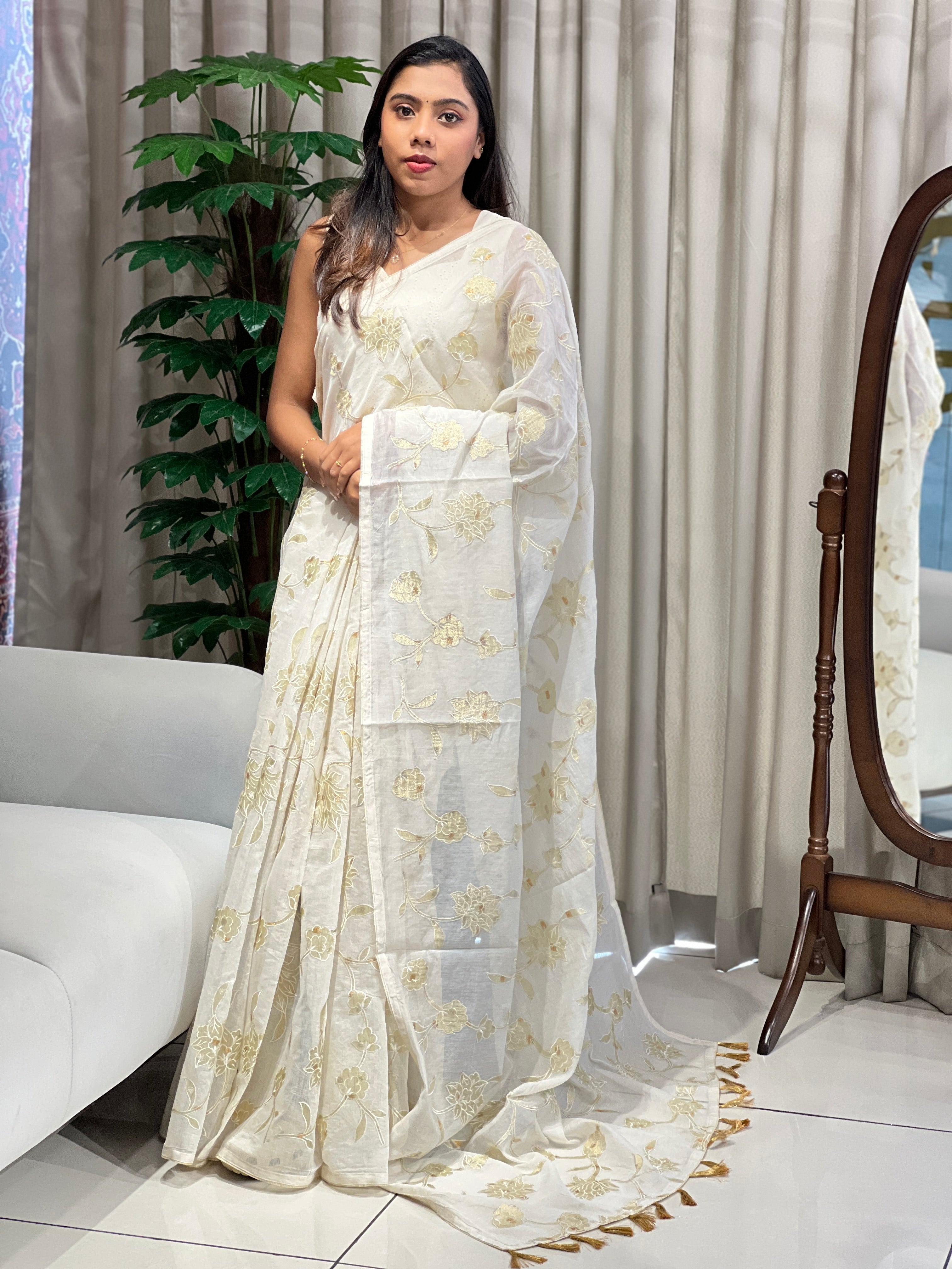 Tissue Applique Jaal Patterned Pure Chanderi Saree | AHD1913