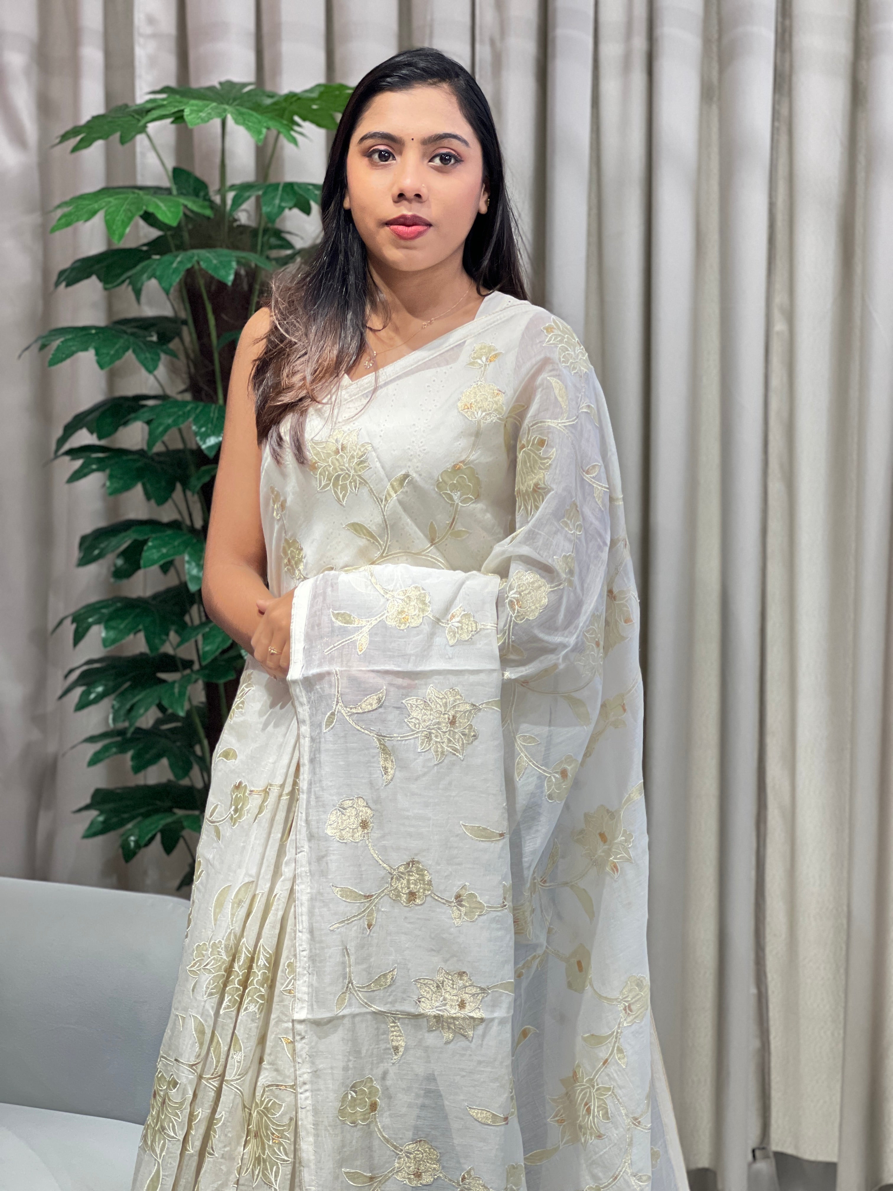 Tissue Applique Jaal Patterned Pure Chanderi Saree | AHD1913