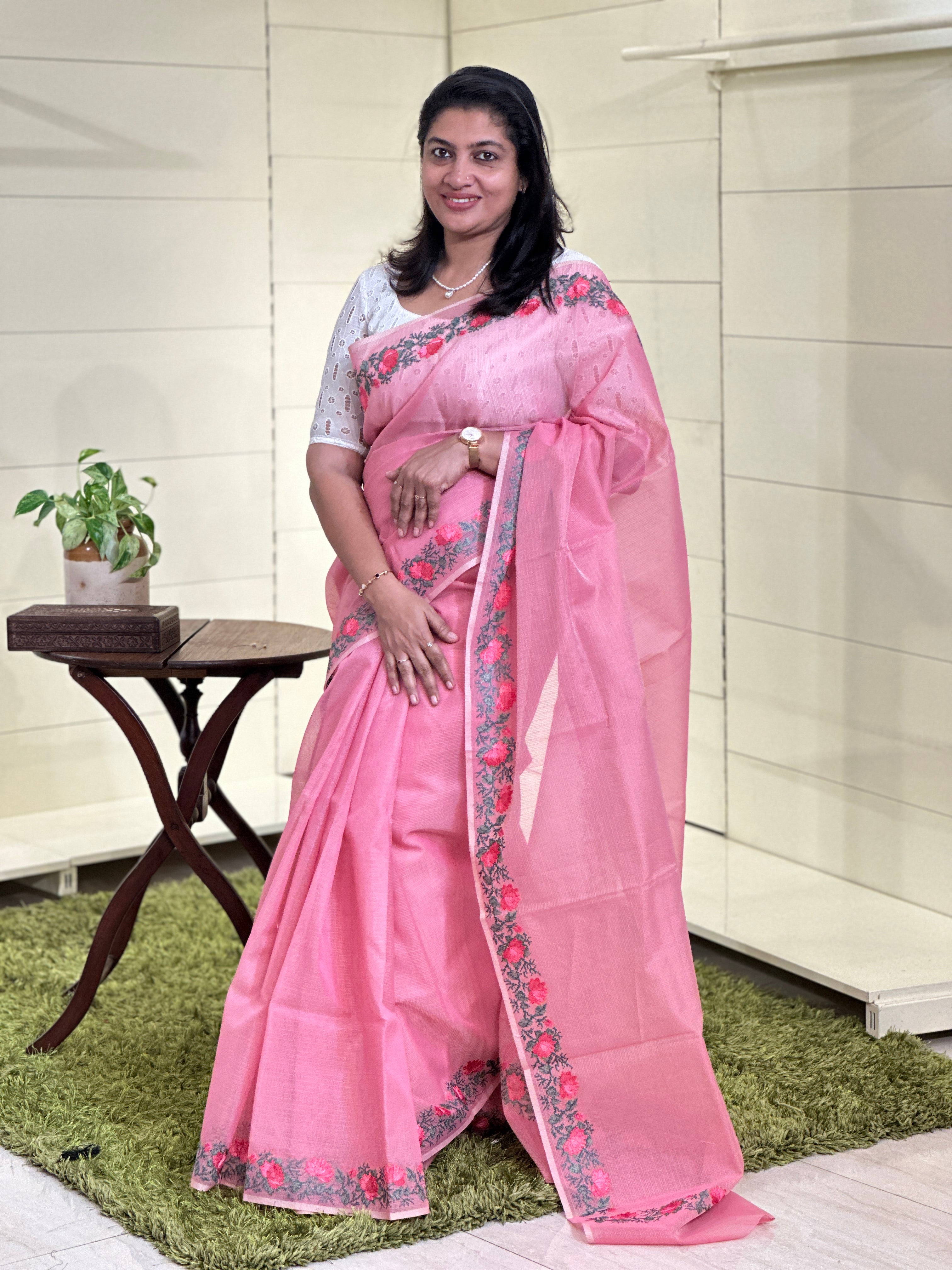Floral Cross Stitch Embroidered Muga Check Organza Saree | JSC225
