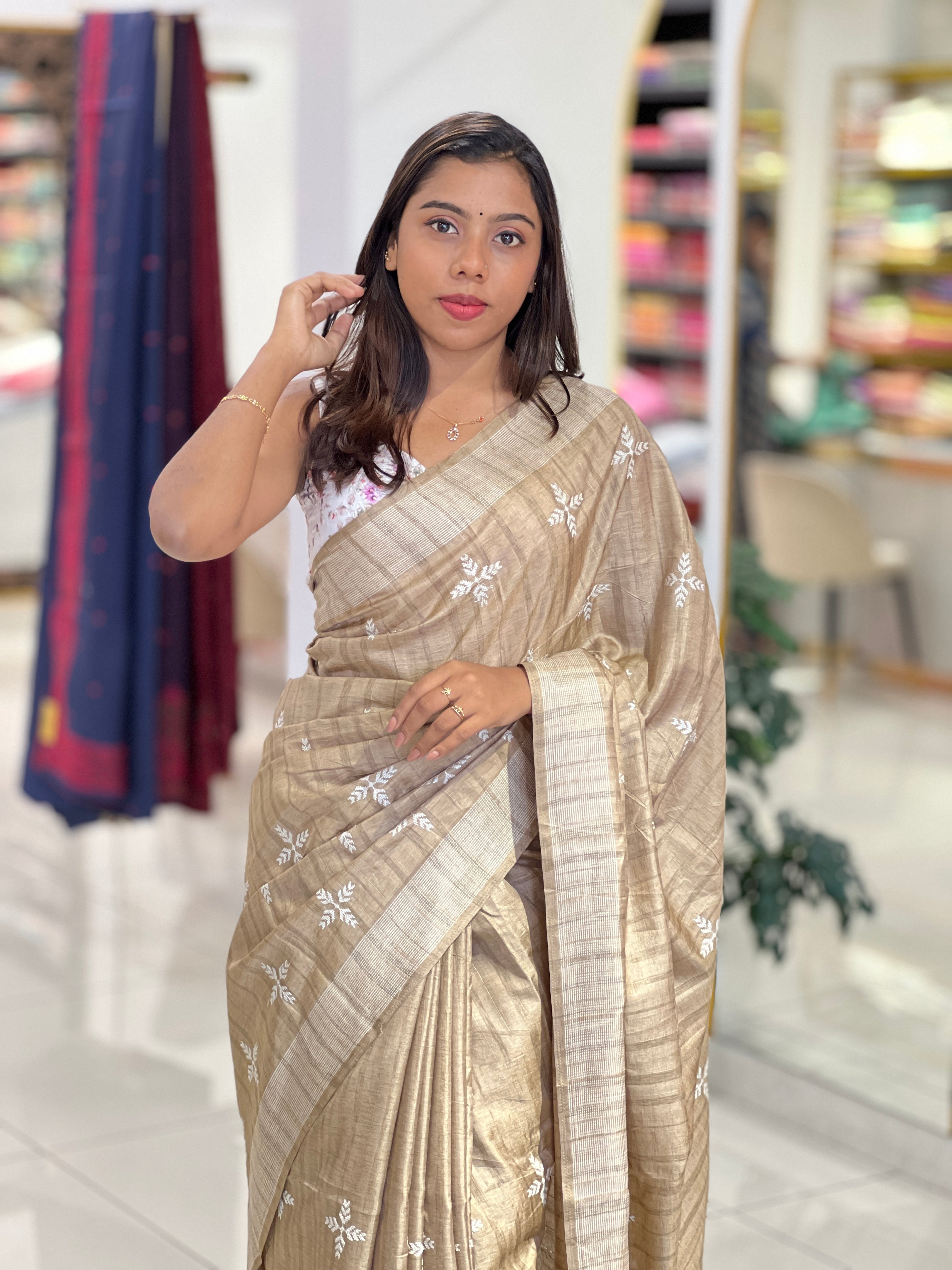 Leaf Patterned Embroidery Detailed Semi Tussar Saree | SUN704
