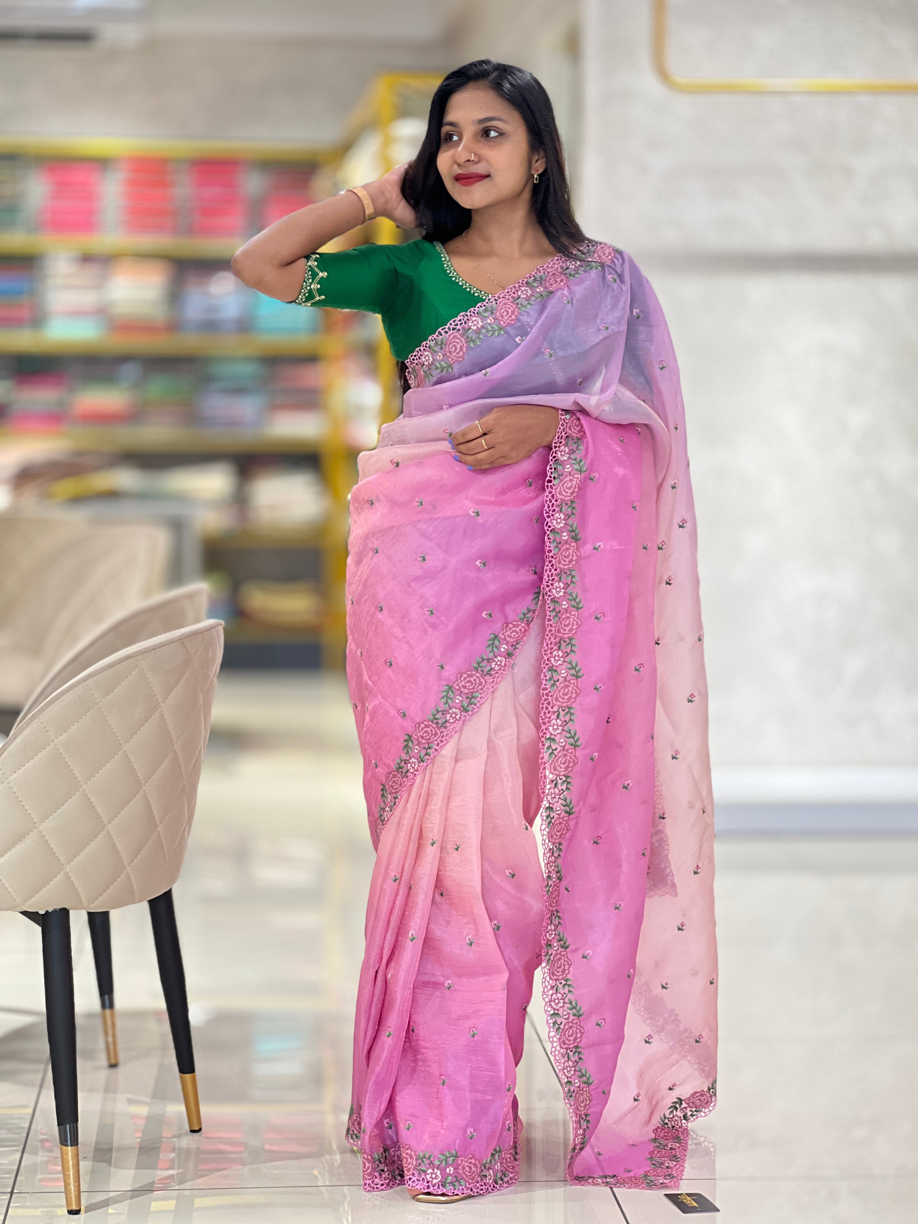 Cross Stitch Embroidery Glass Organza Saree | RP537