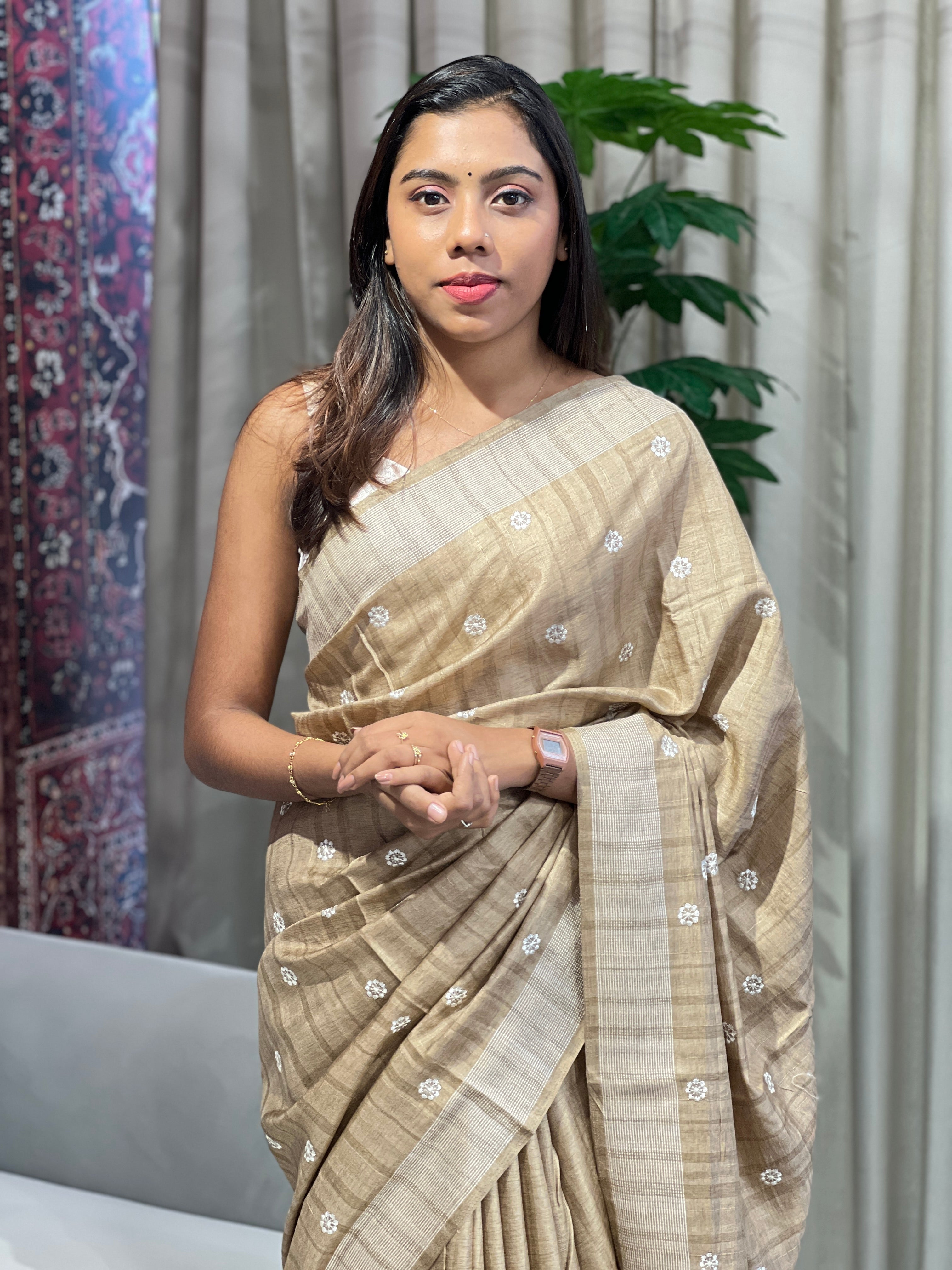 Floral Embroidery Detailed Semi Tussar Saree | SUN711