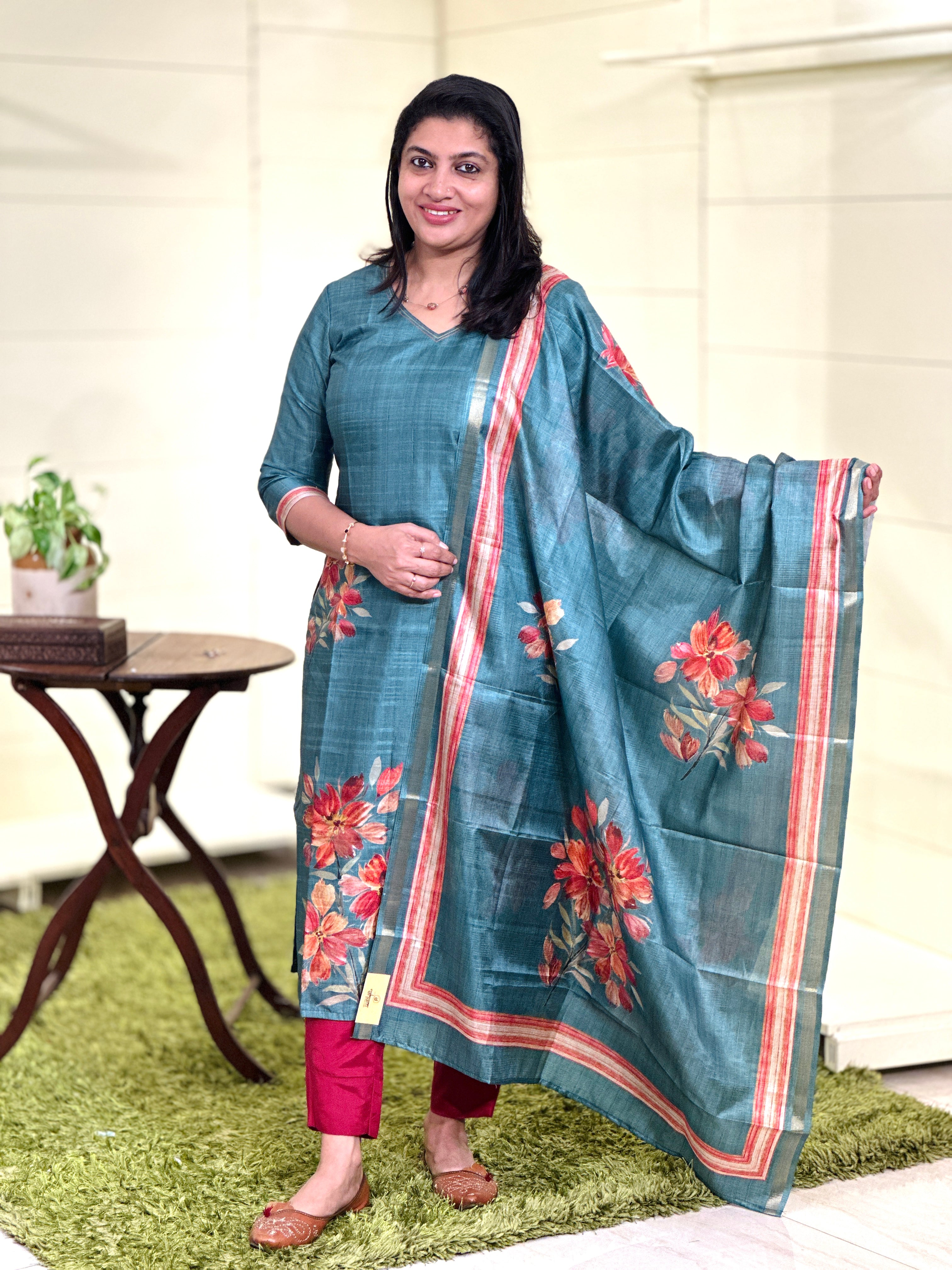 Floral Digital Printed Unstitched Semi Tussar Salwar Set (Without Bottom) | SSN438