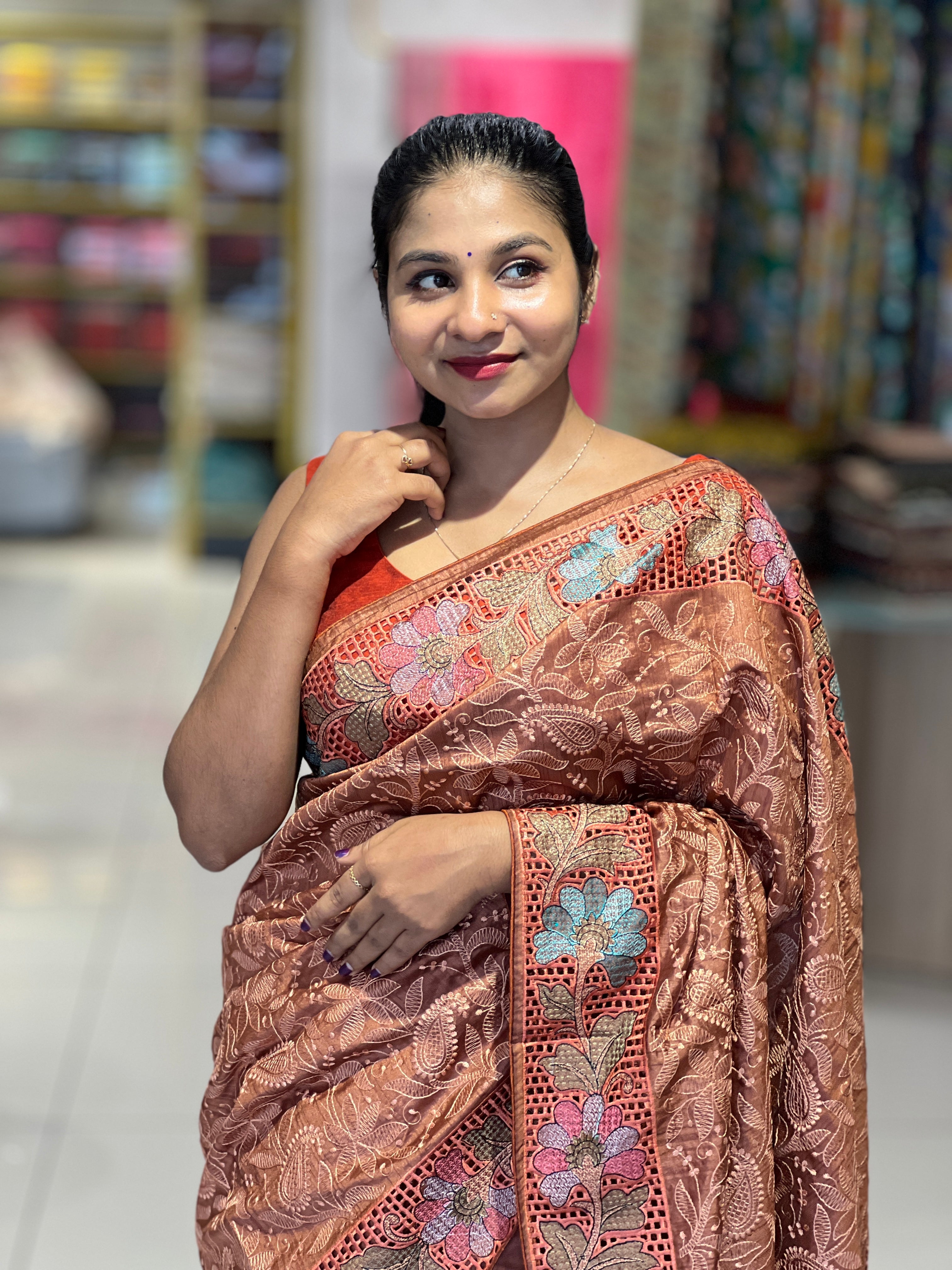 Cutwork & Embroidery Detailed Tussar Finish Saree | GAR118