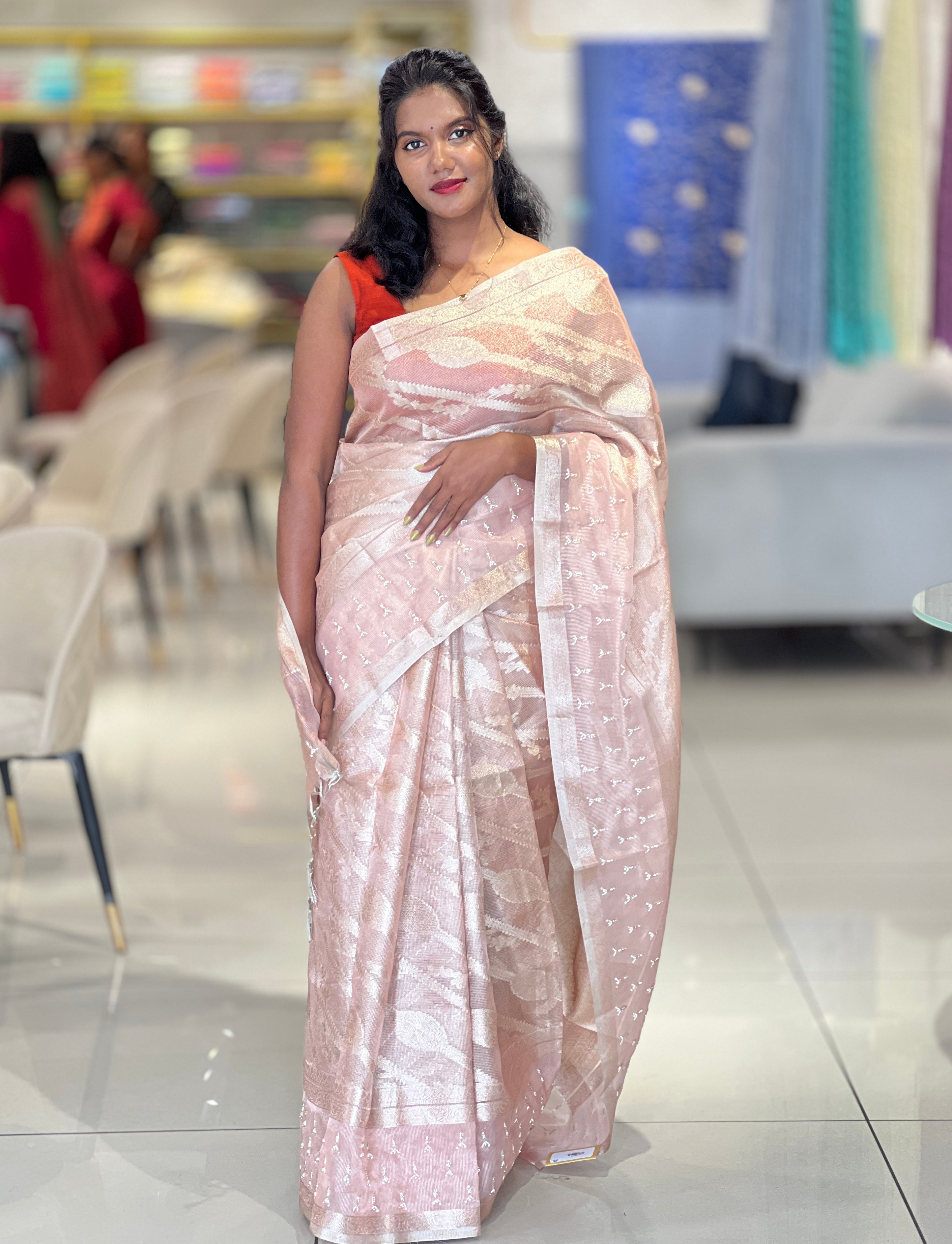 Zari Weaving With Beads & Stone Detailed Tissue Organza Saree | SHC208