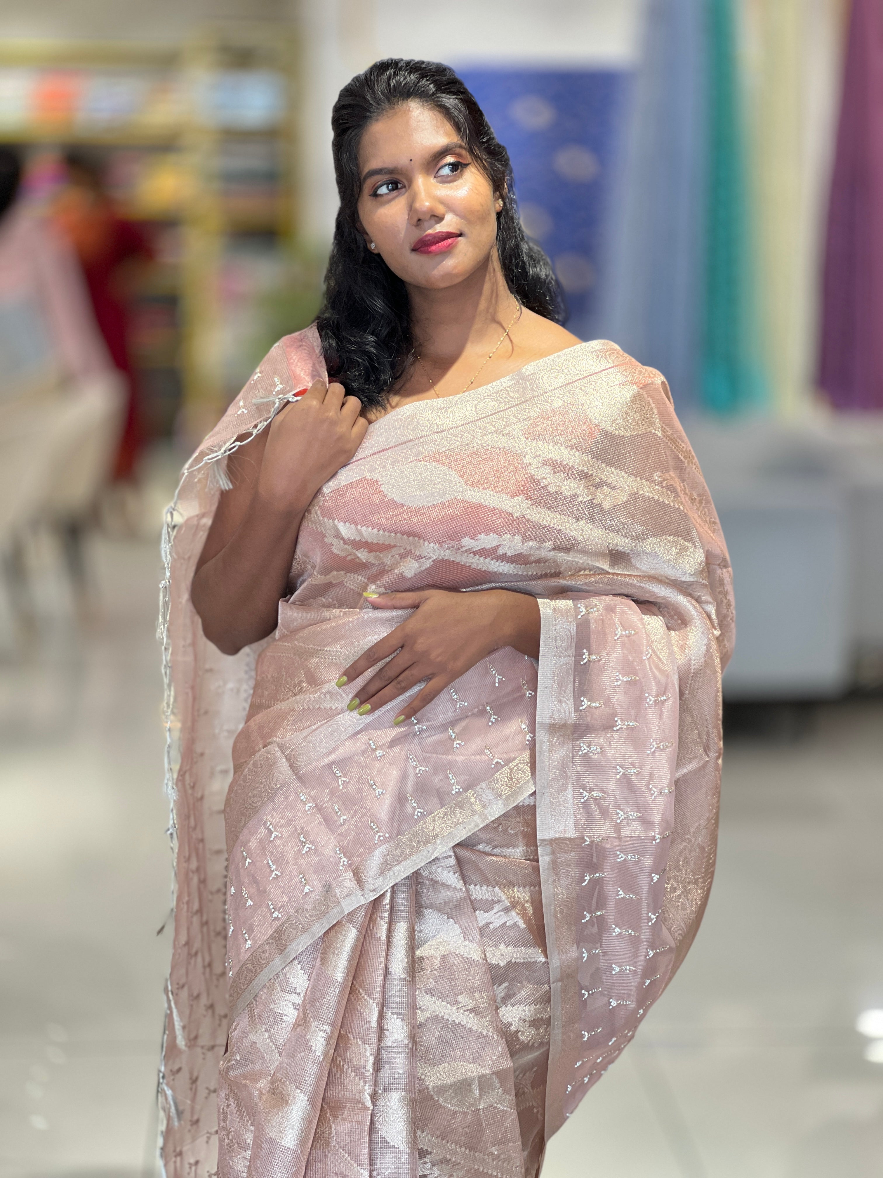 Zari Weaving With Beads & Stone Detailed Tissue Organza Saree | SHC208