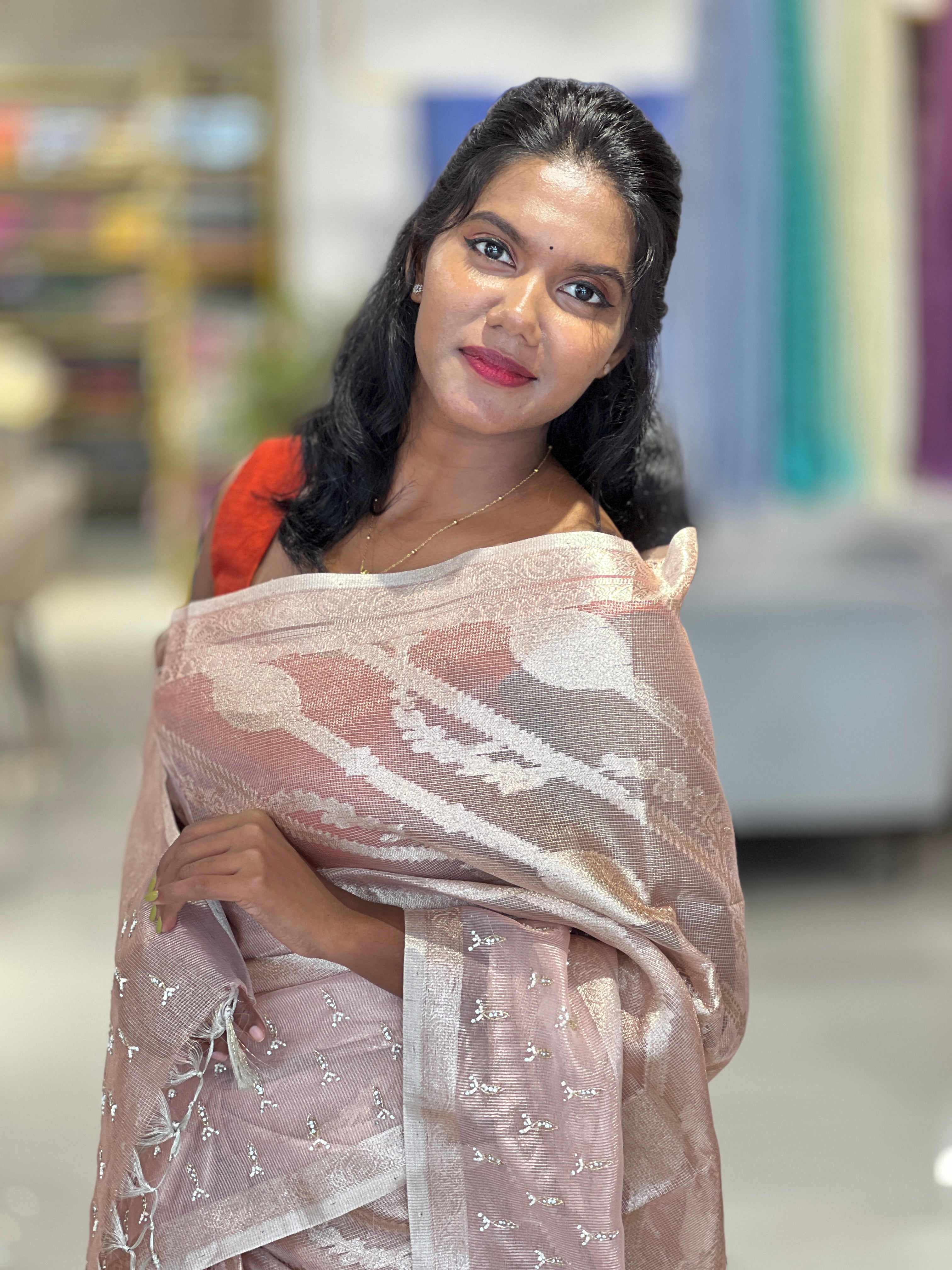 Zari Weaving With Beads & Stone Detailed Tissue Organza Saree | SHC208