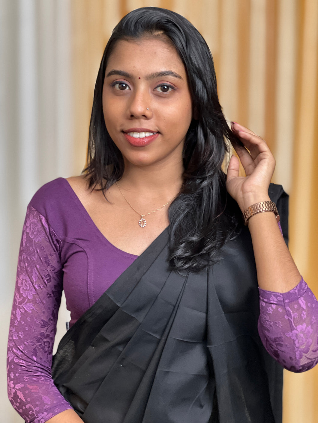 Floral Net Sleeves Detailed Velvet Stitched Blouse | ALA137