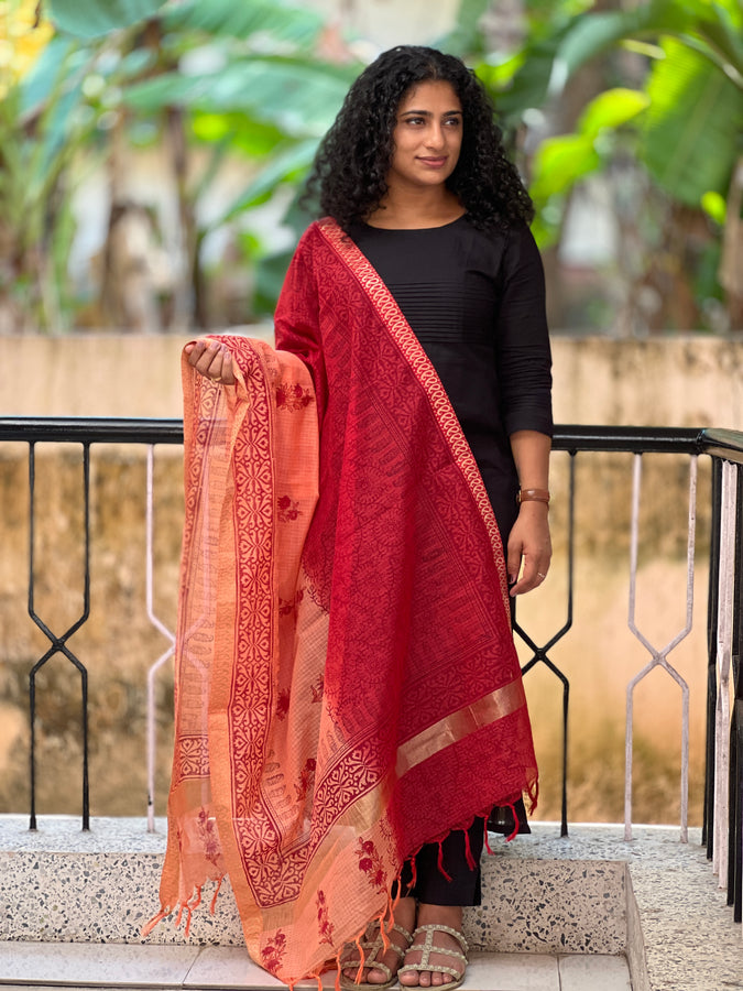 Block Printed Check Kota Dupatta | AHD1786