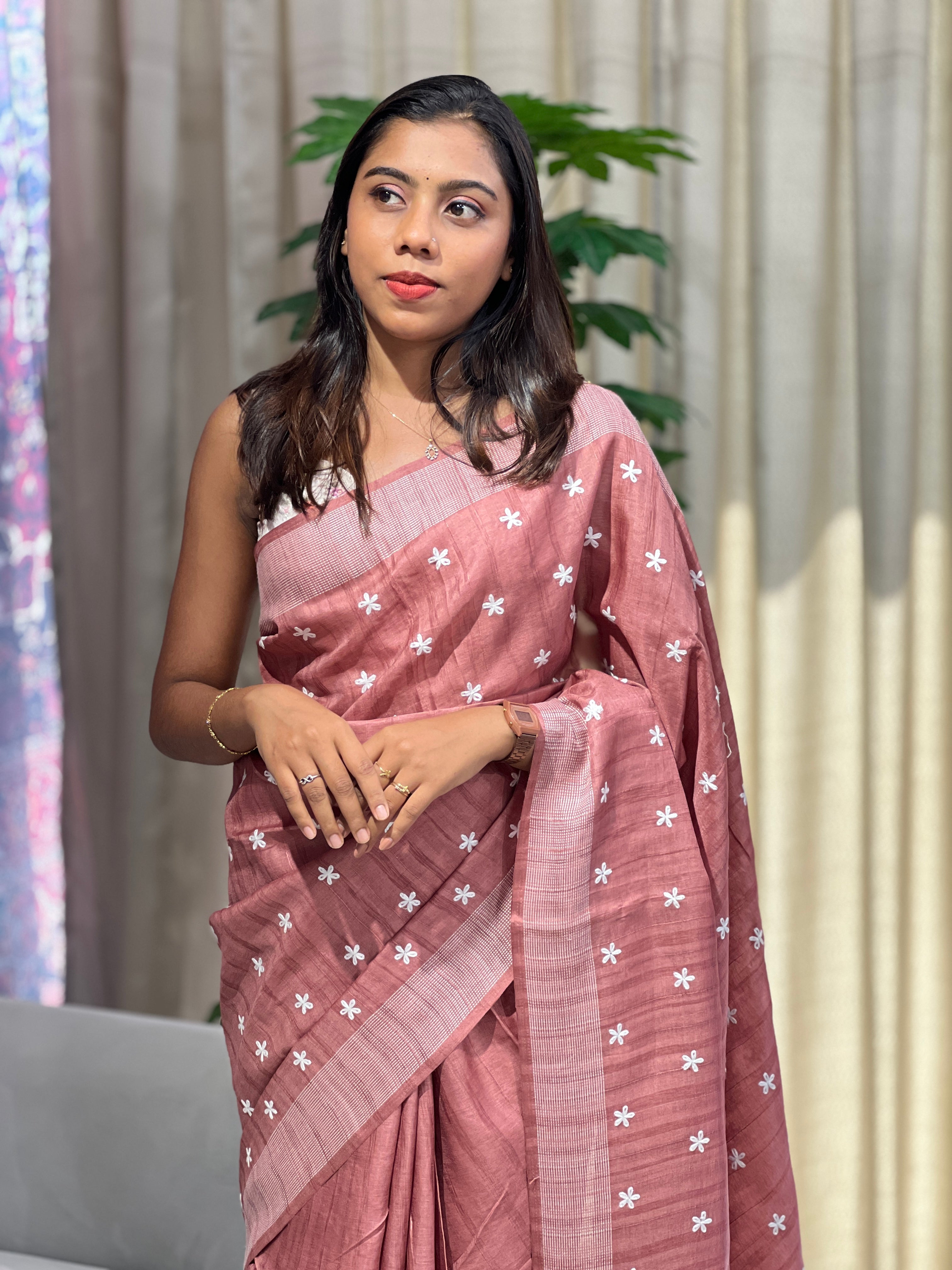 Floral Embroidery Detailed Semi Tussar Saree | SUN717