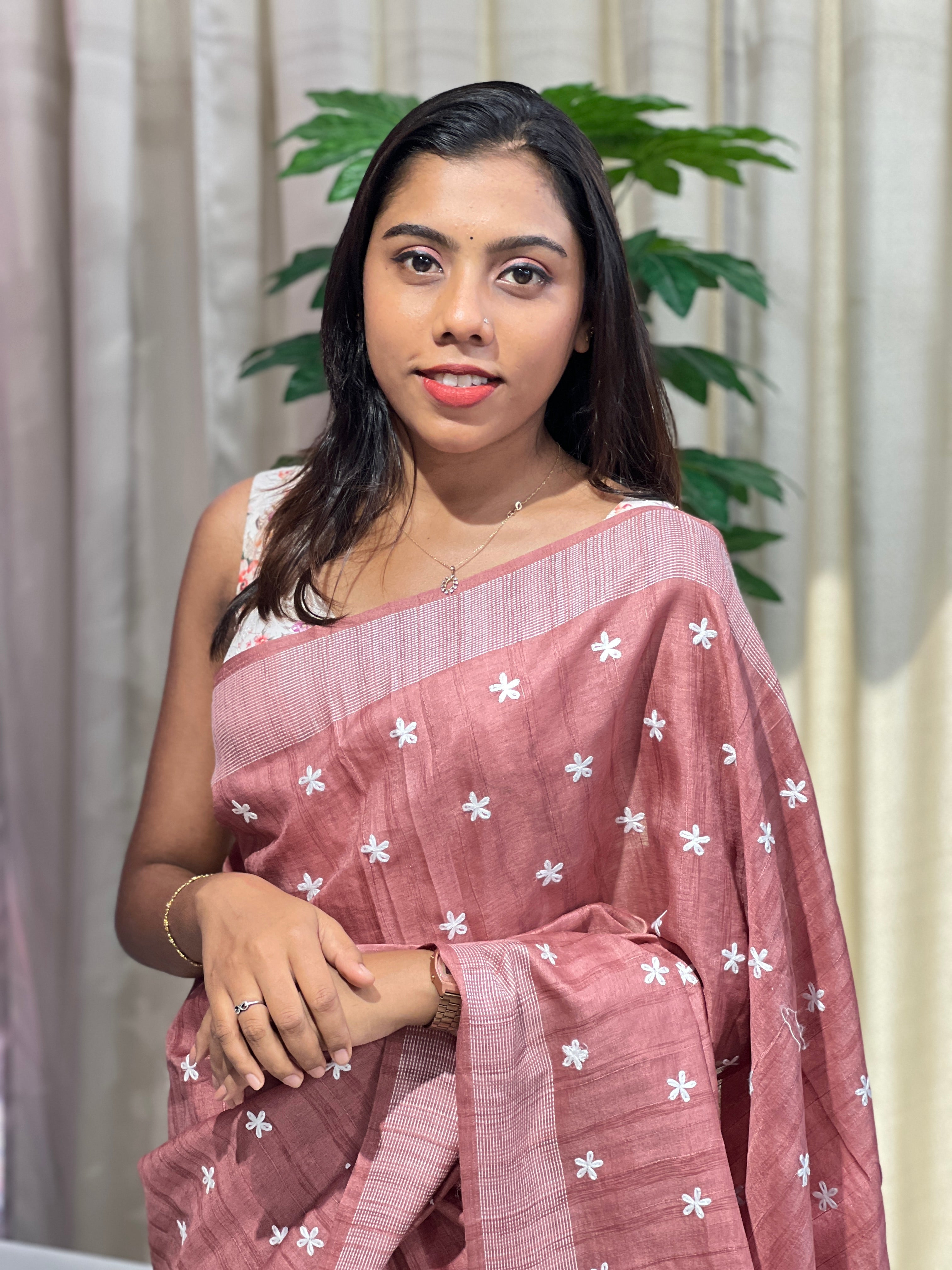 Floral Embroidery Detailed Semi Tussar Saree | SUN717