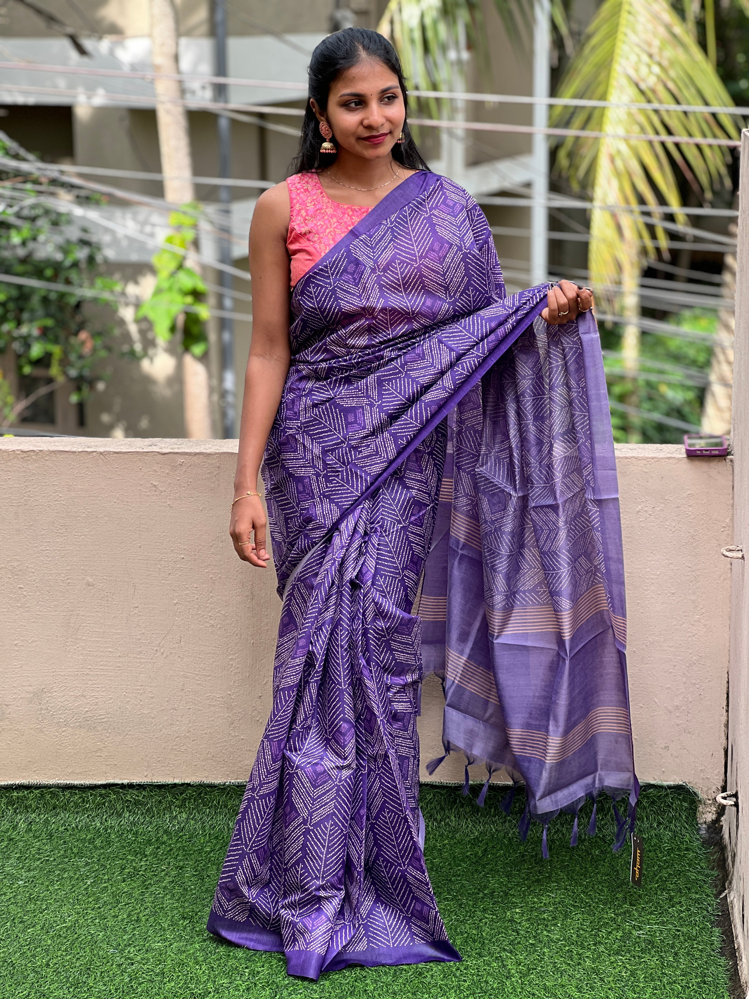 Ajrak Inspired Screen Printed Bhagalpuri Linen Saree | GMS160