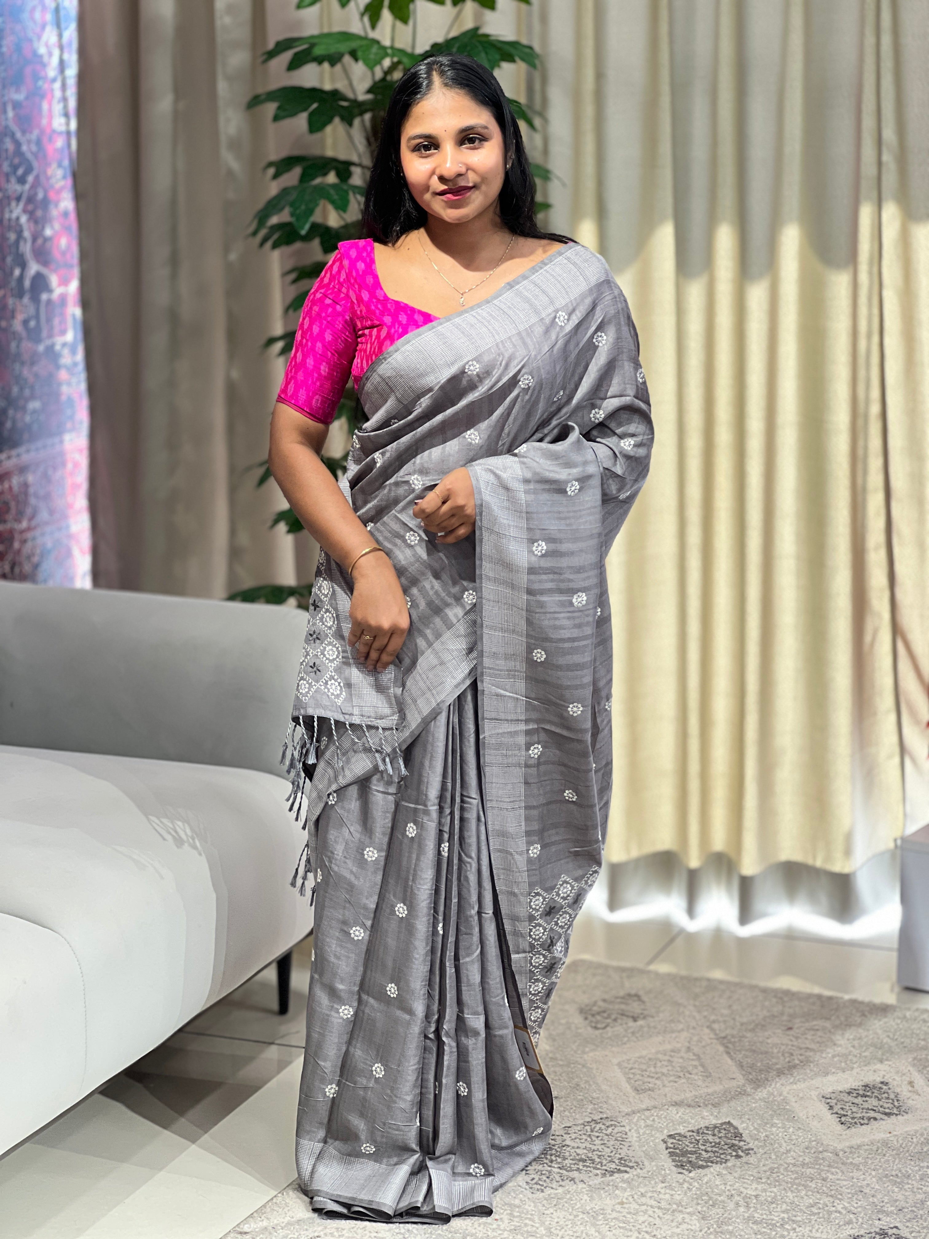 Floral Embroidery Detailed Semi Tussar Saree | SUN712