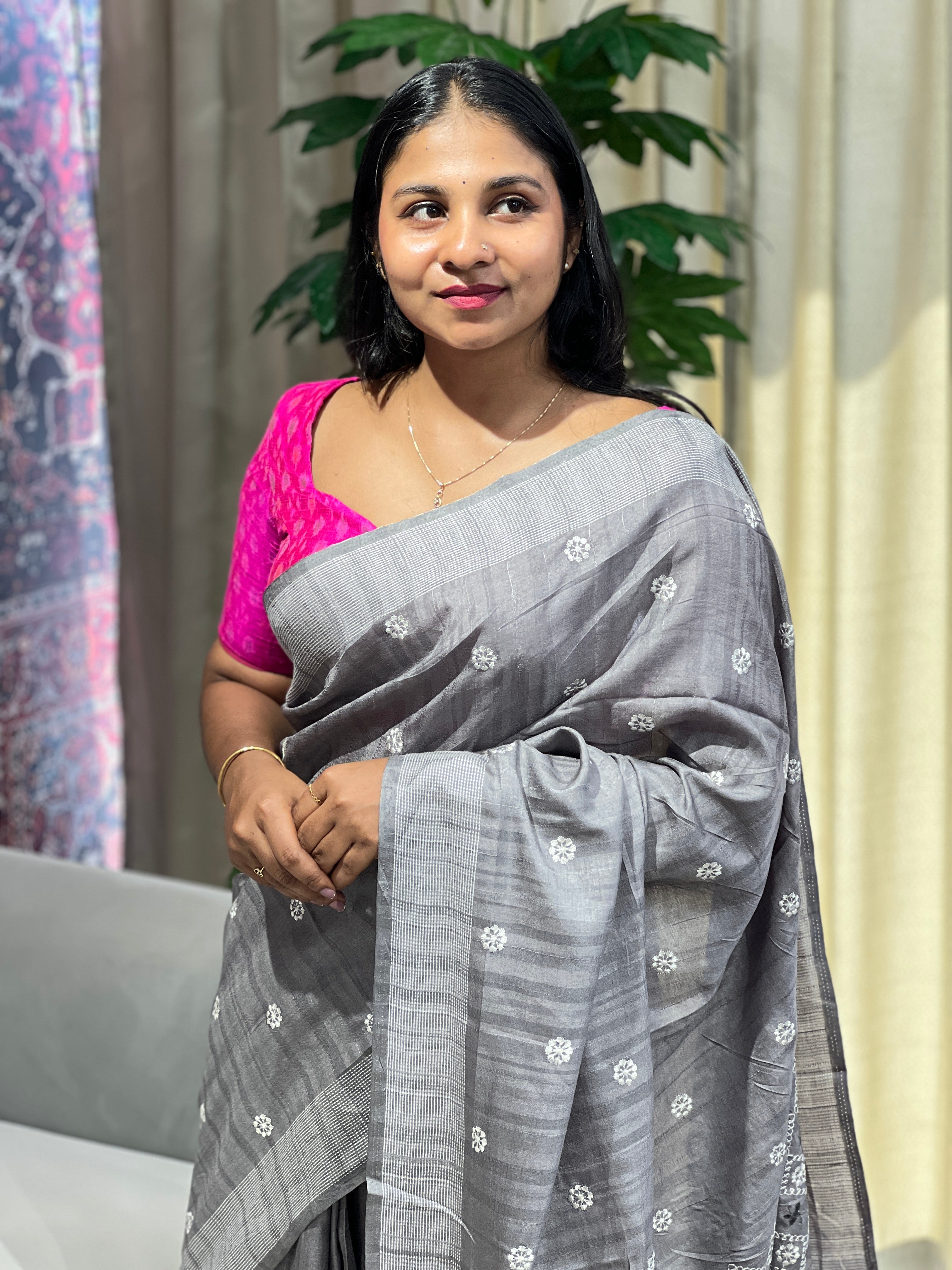 Floral Embroidery Detailed Semi Tussar Saree | SUN712