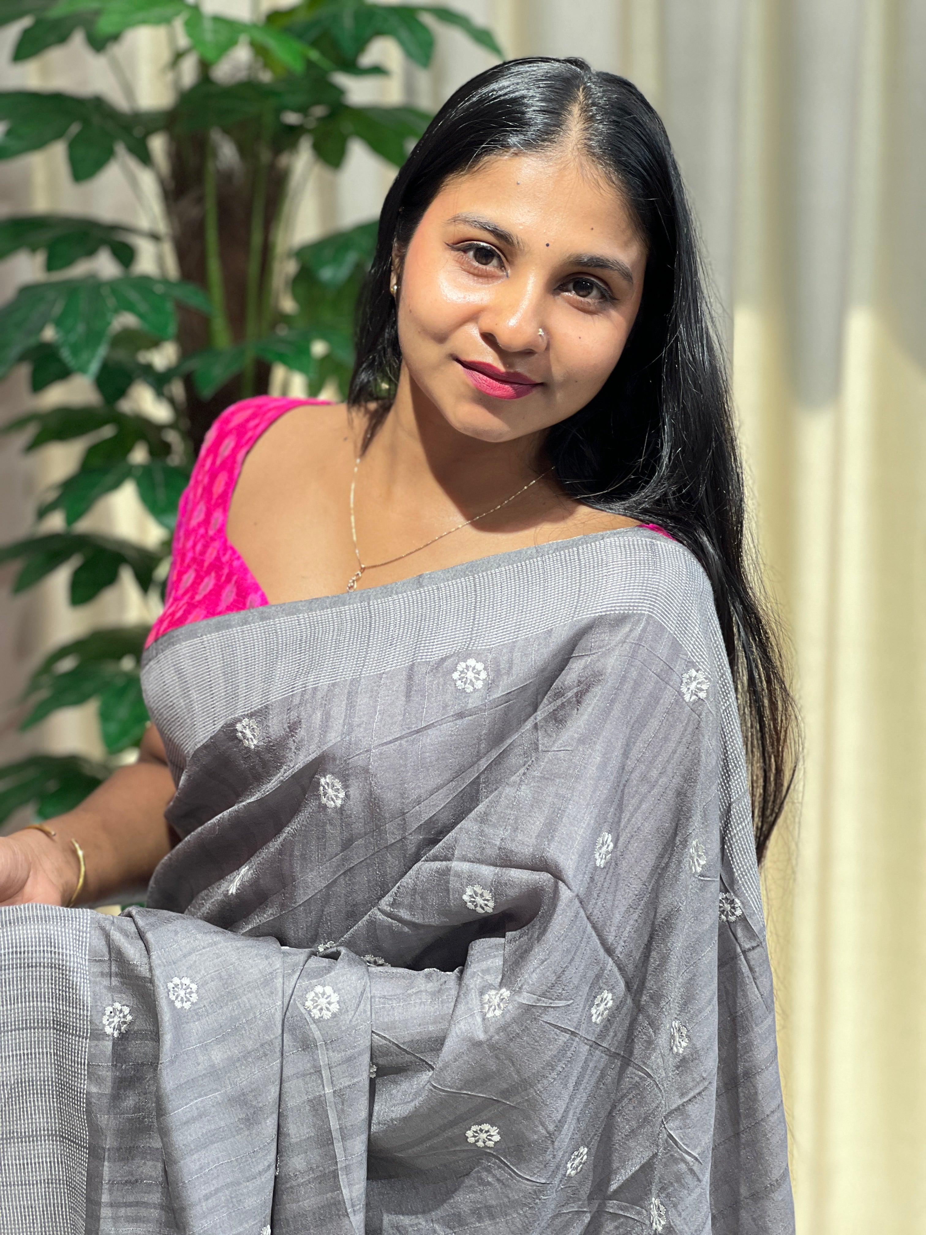 Floral Embroidery Detailed Semi Tussar Saree | SUN712