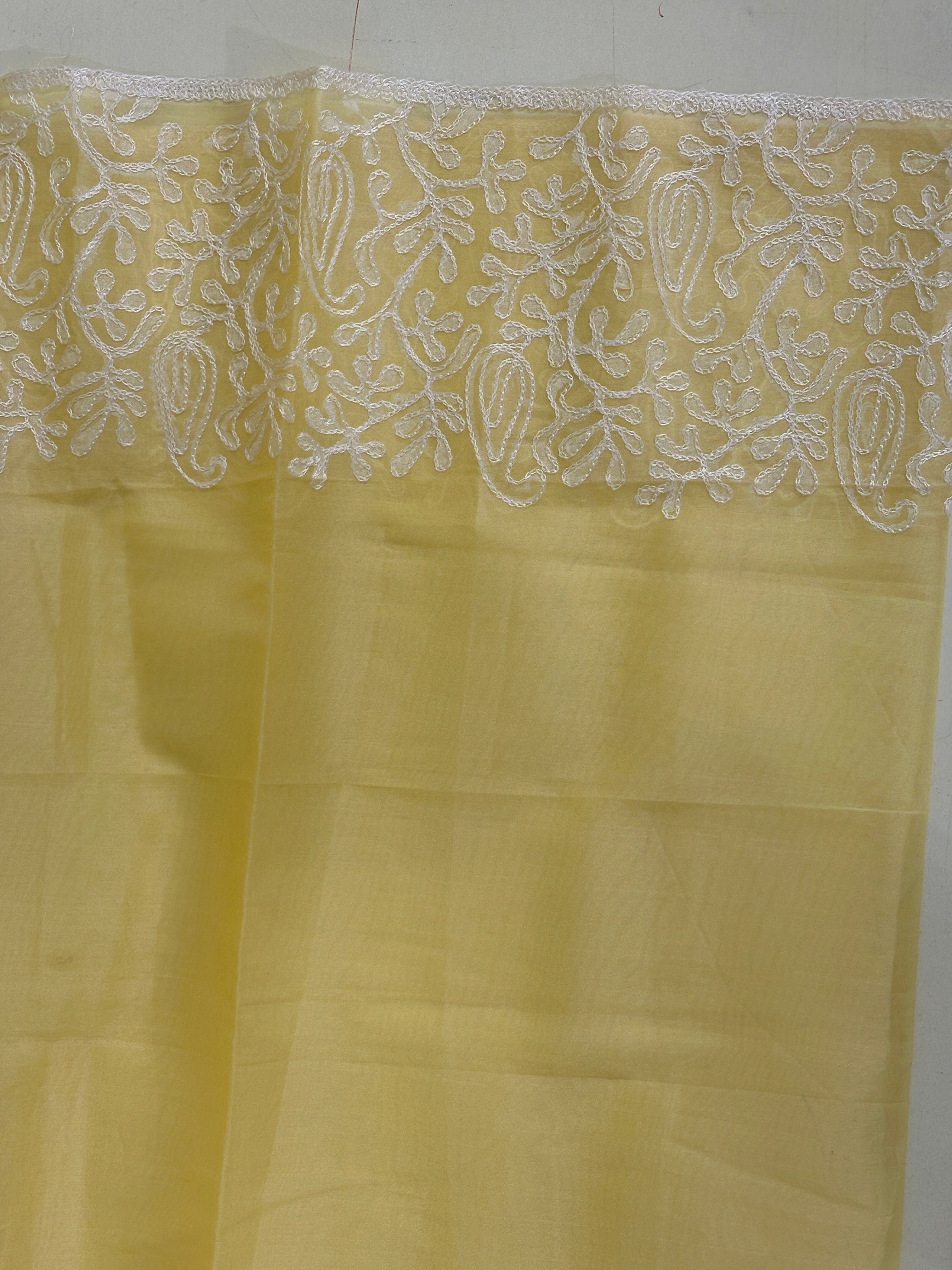 Block Print With Aari Embroidery Detailed Viscose Organza Saree | JSC149