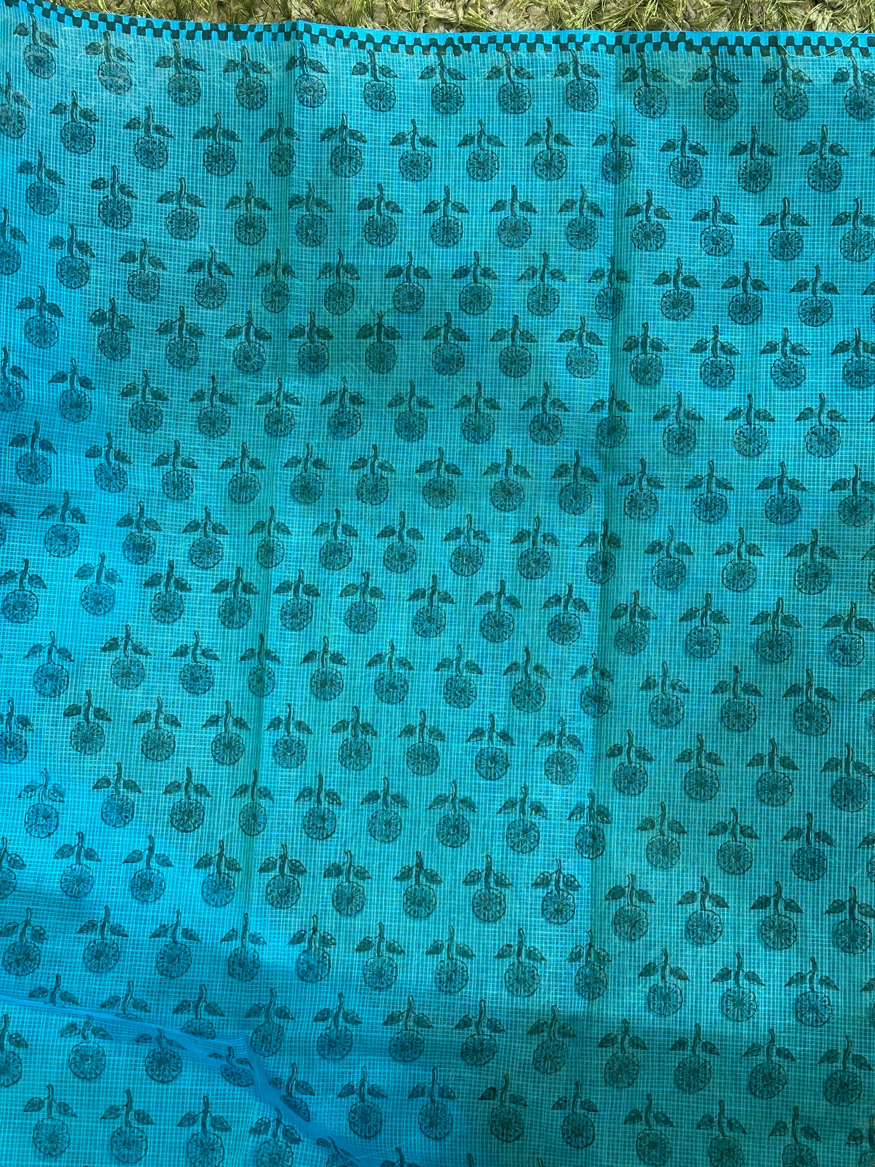 Hand Block Printed Muga Check Organza Saree | JSC233