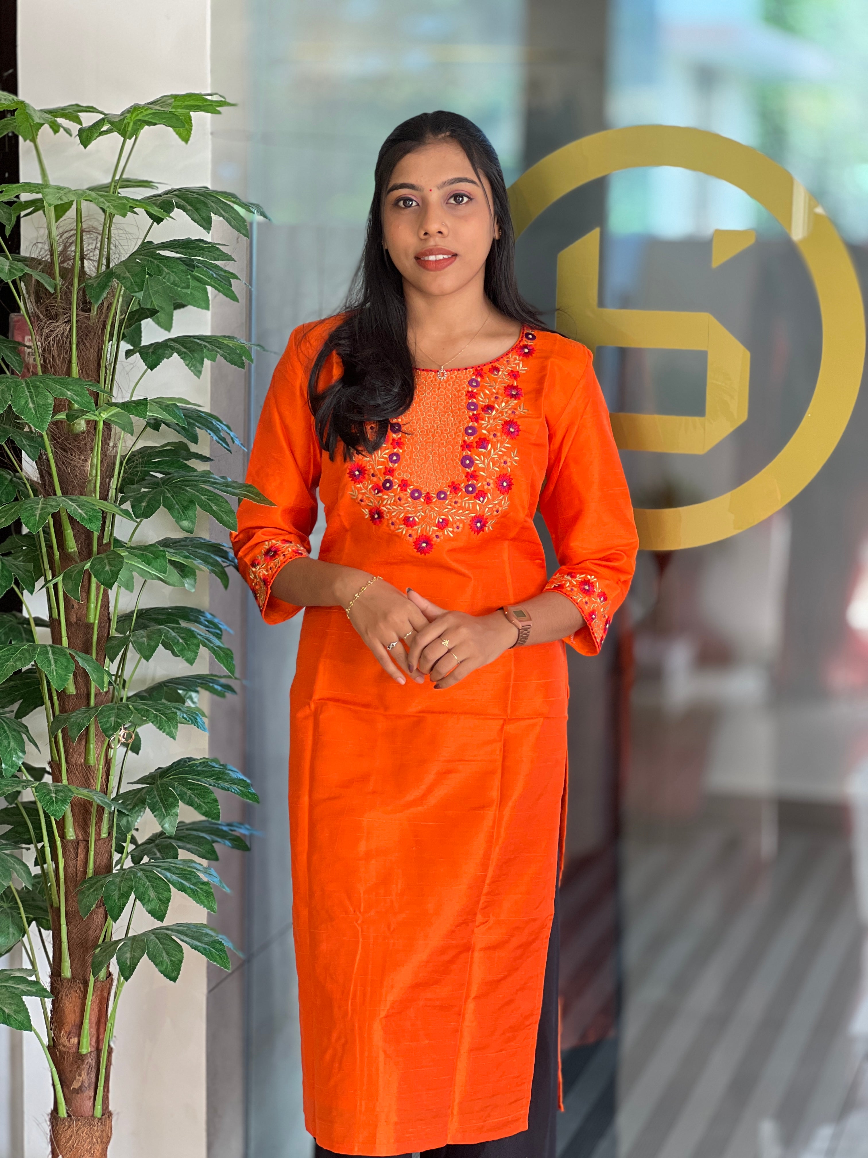 Machine Embroidery Detailed Semi Silk Kurta | DNT632
