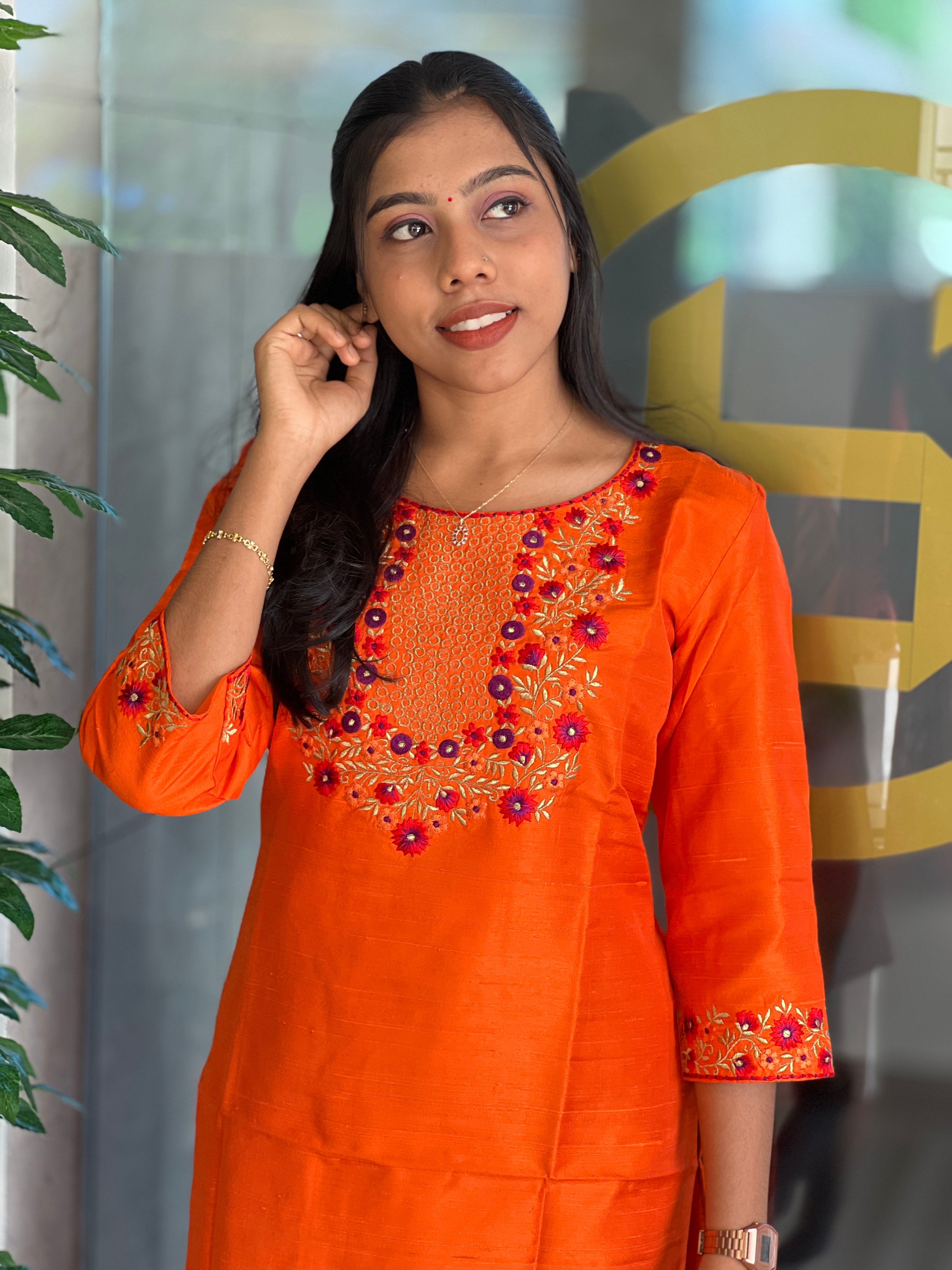 Machine Embroidery Detailed Semi Silk Kurta | DNT632