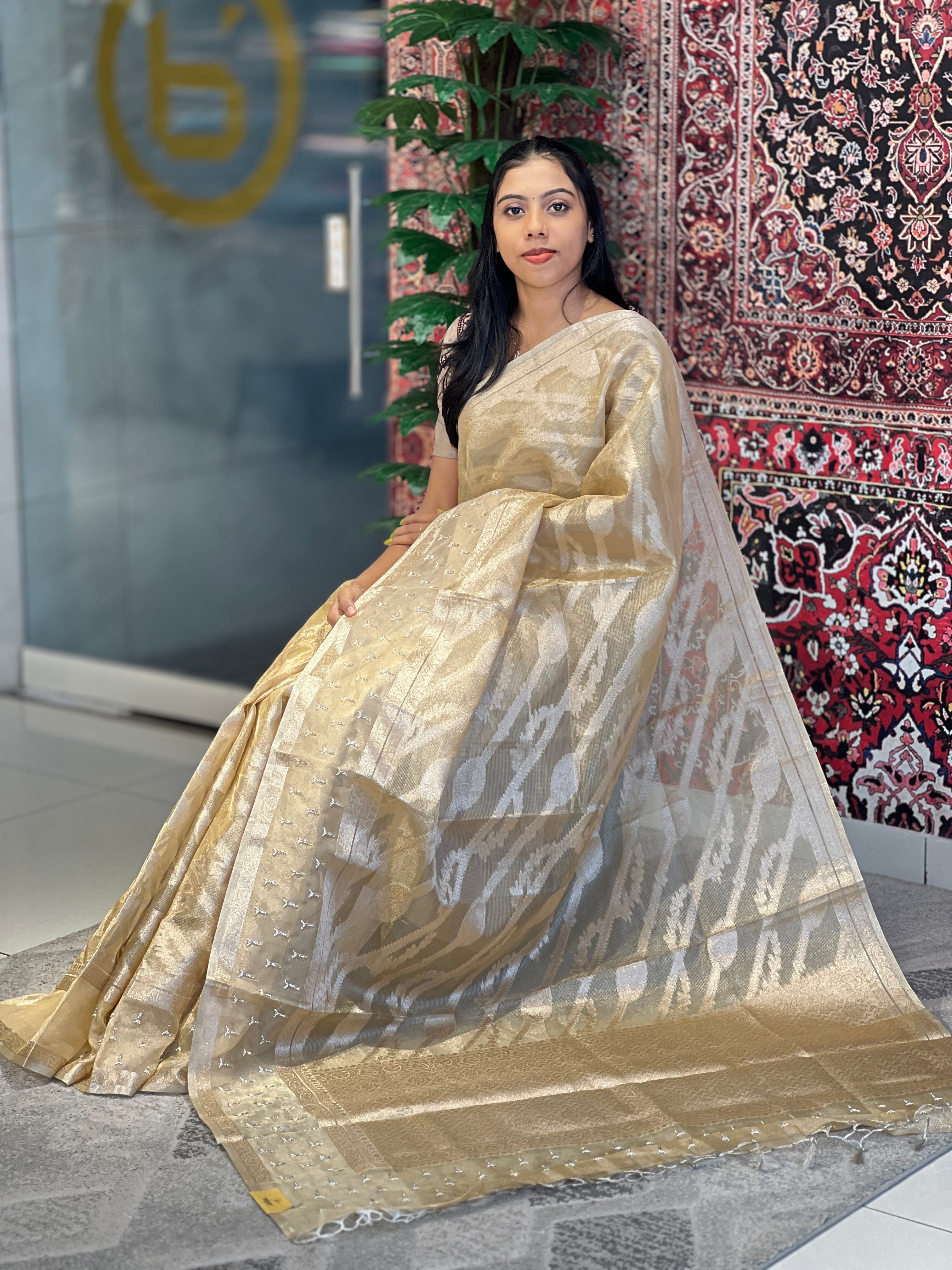 Zari Weaving With Beads & Stone Detailed Tissue Organza Saree | SHC207