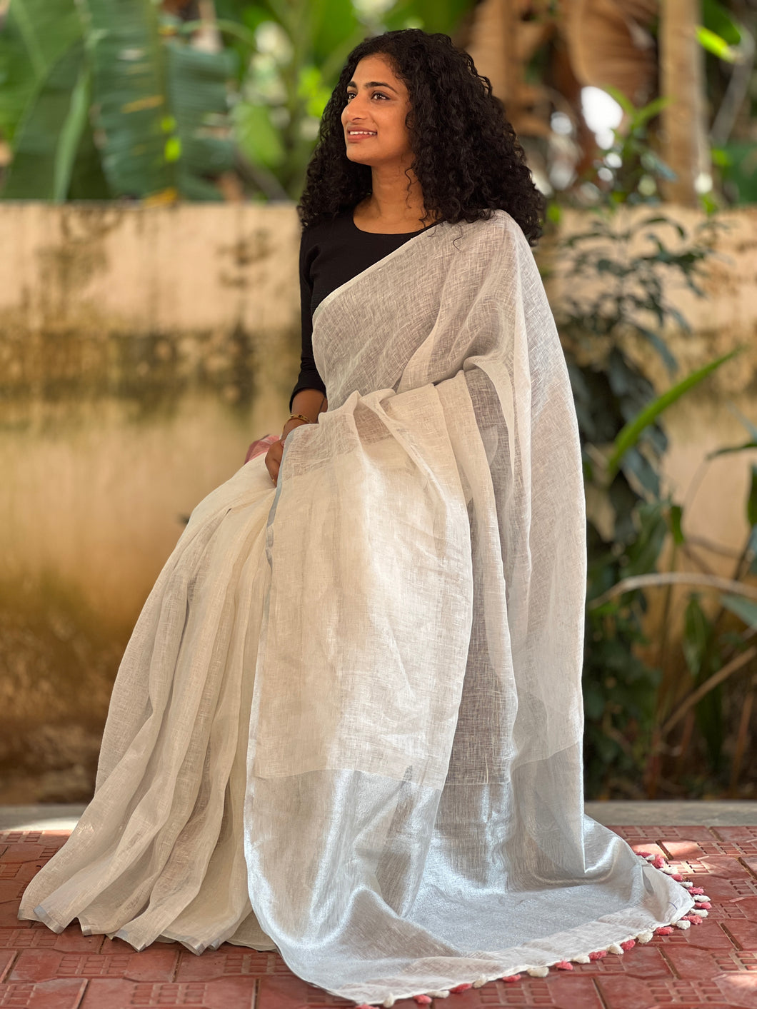 Zari Bordered Linen Saree | AHD1431