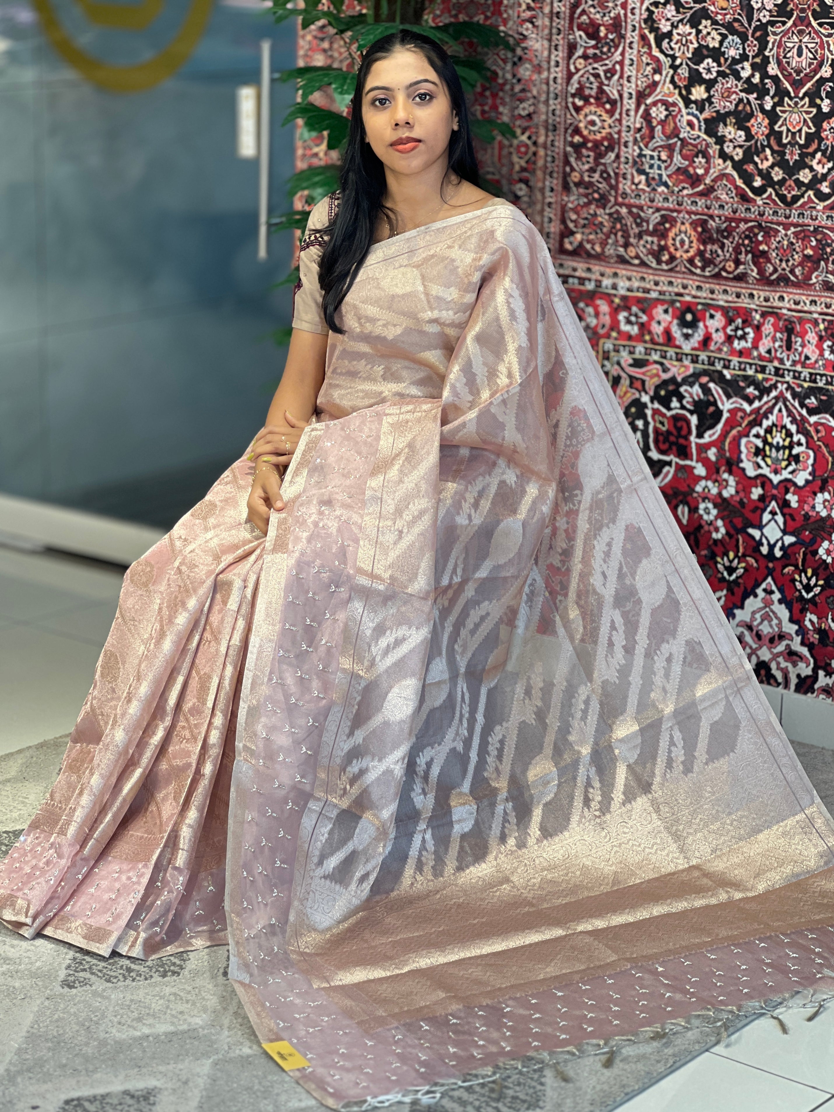 Zari Weaving With Beads & Stone Detailed Tissue Organza Saree | SHC206